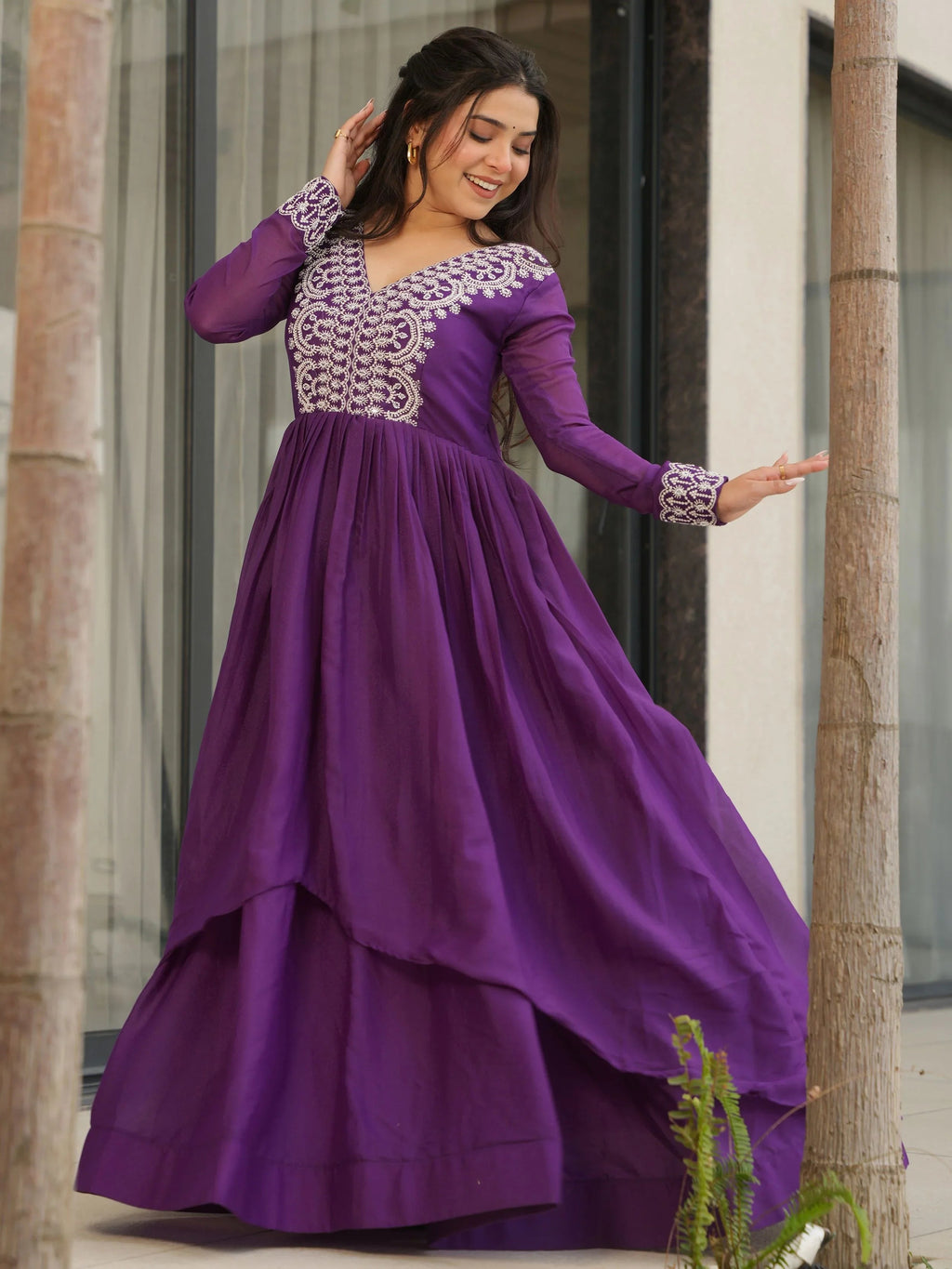Purple star georgette sequins embroidered gown for wedding functions