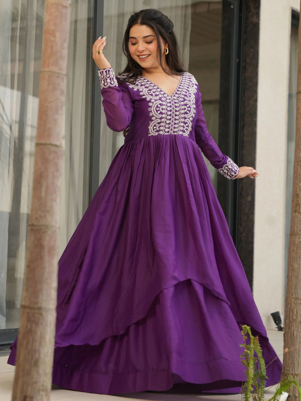 Purple star georgette sequins embroidered gown for wedding functions