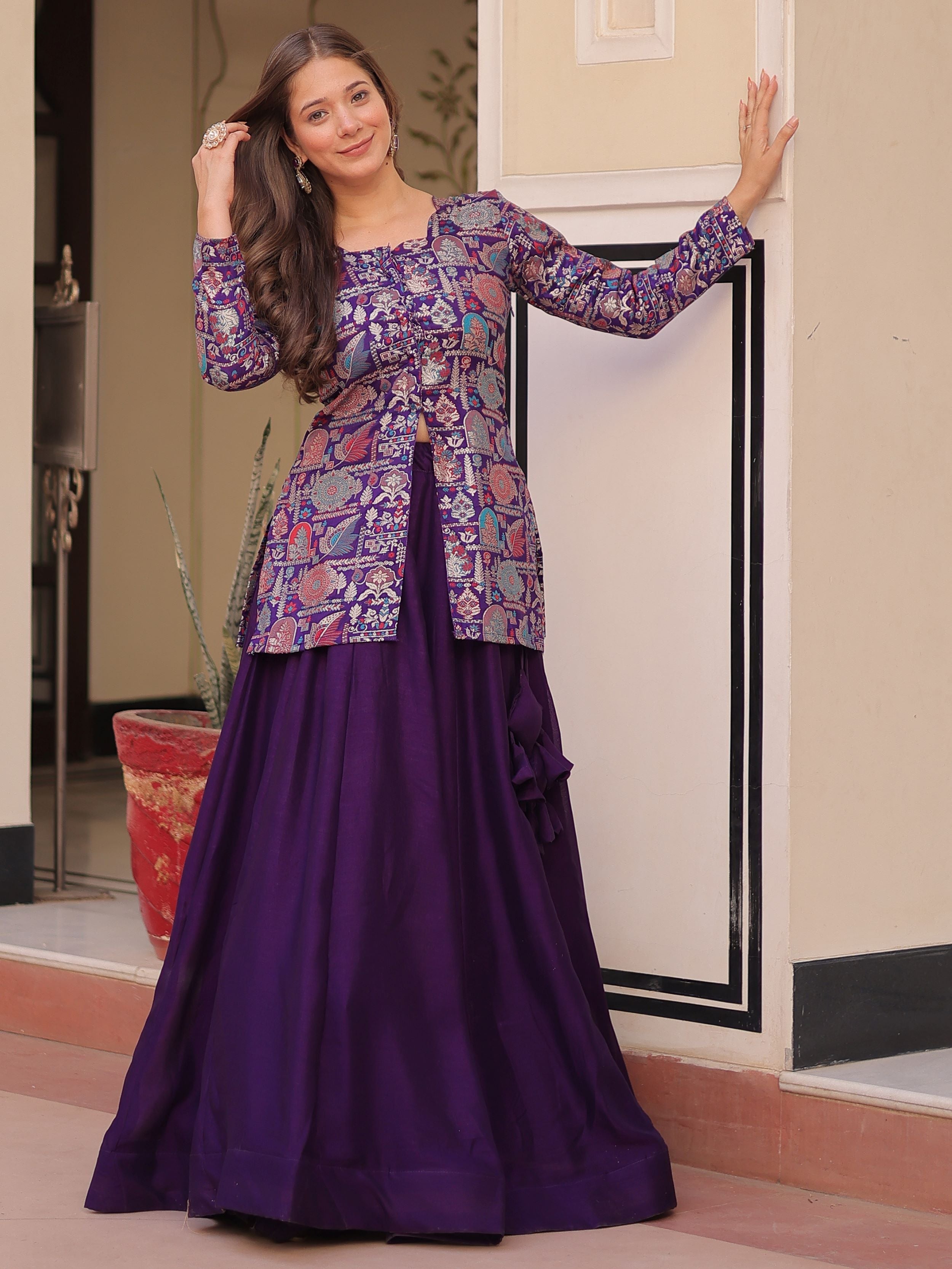 Purple vichitra silk kali pattern lehenga with jacquard jacket