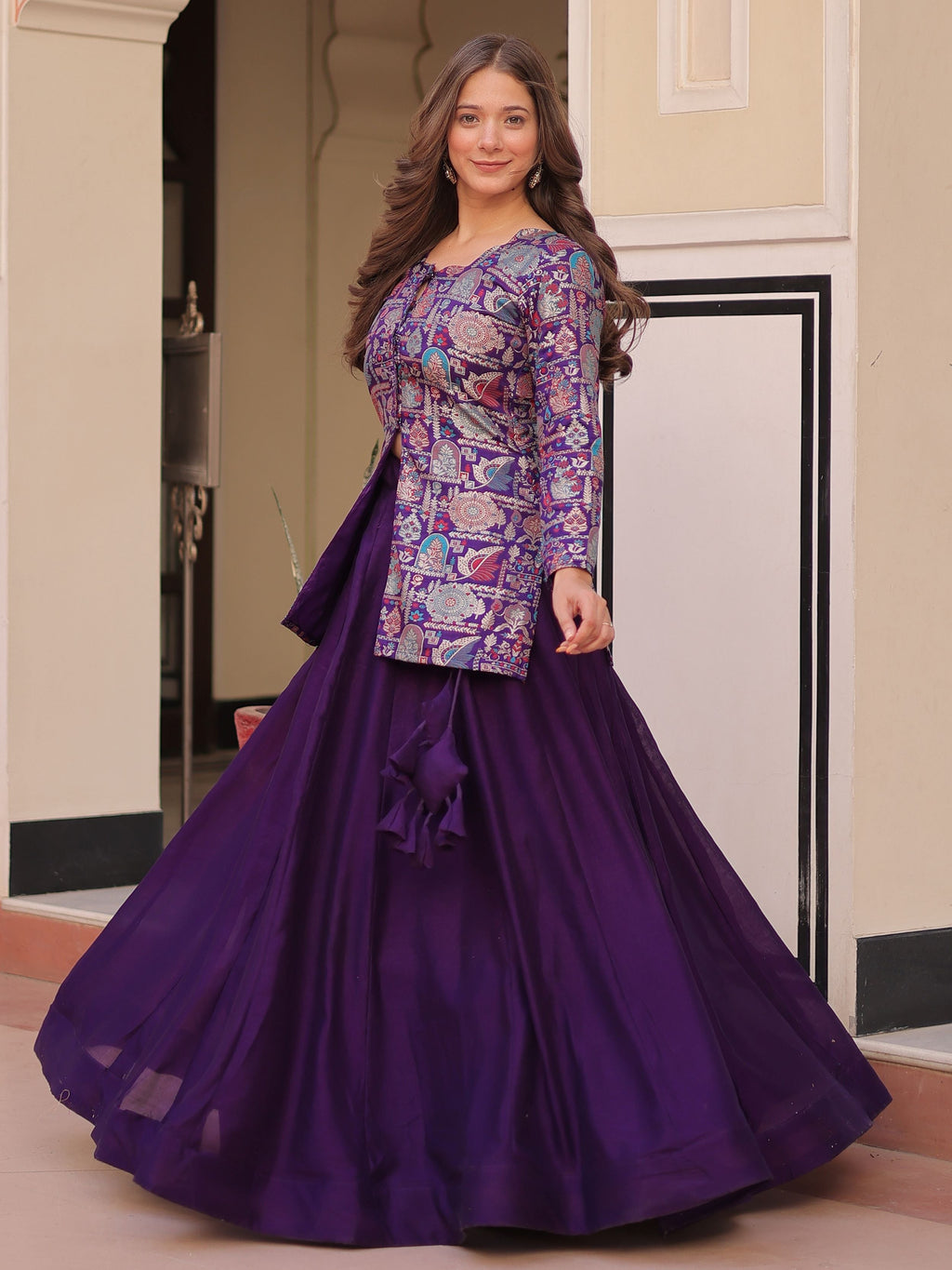 Purple vichitra silk kali pattern lehenga with jacquard jacket