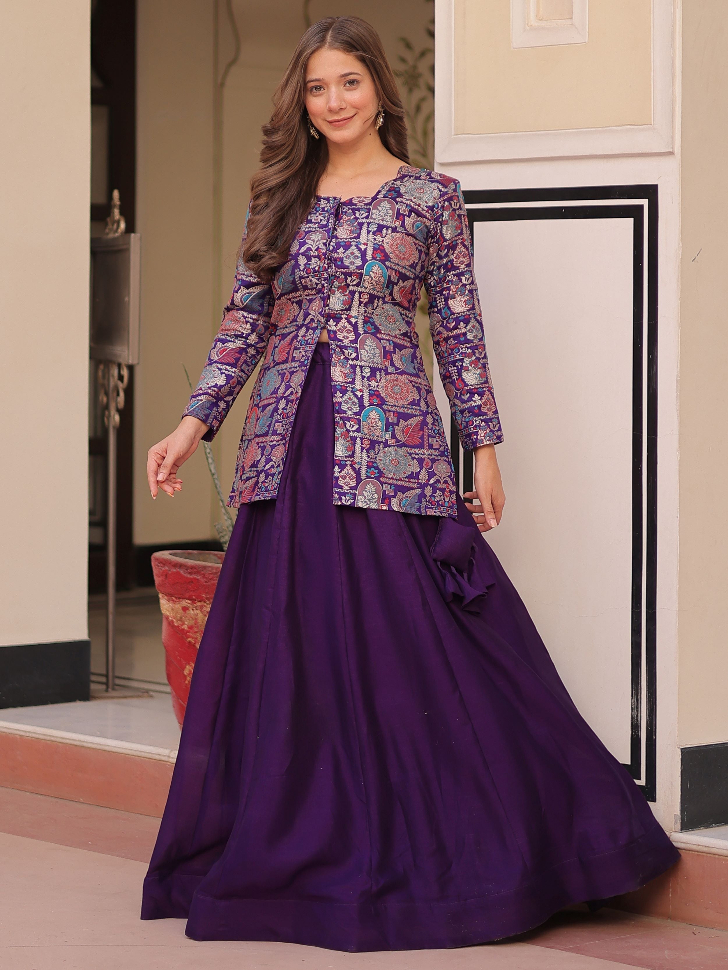 Purple vichitra silk kali pattern lehenga with jacquard jacket