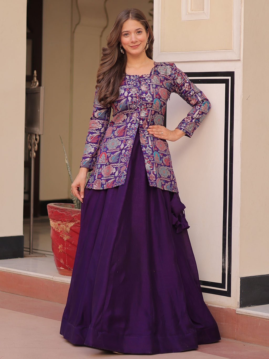 Purple vichitra silk kali pattern lehenga with jacquard jacket