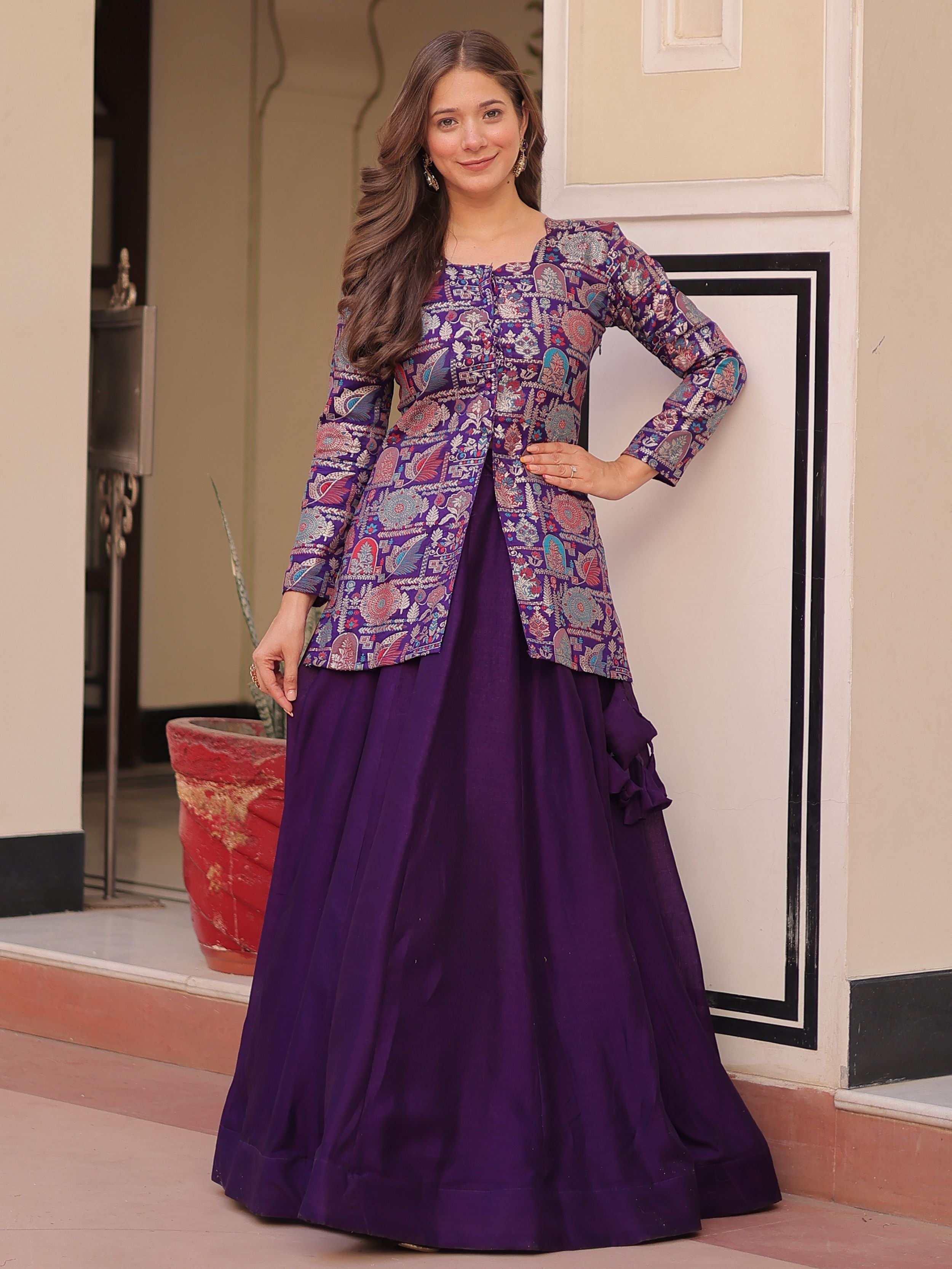 Purple vichitra silk kali pattern lehenga with jacquard jacket