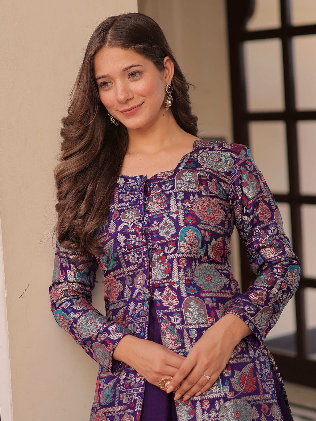 Purple vichitra silk kali pattern lehenga with jacquard jacket