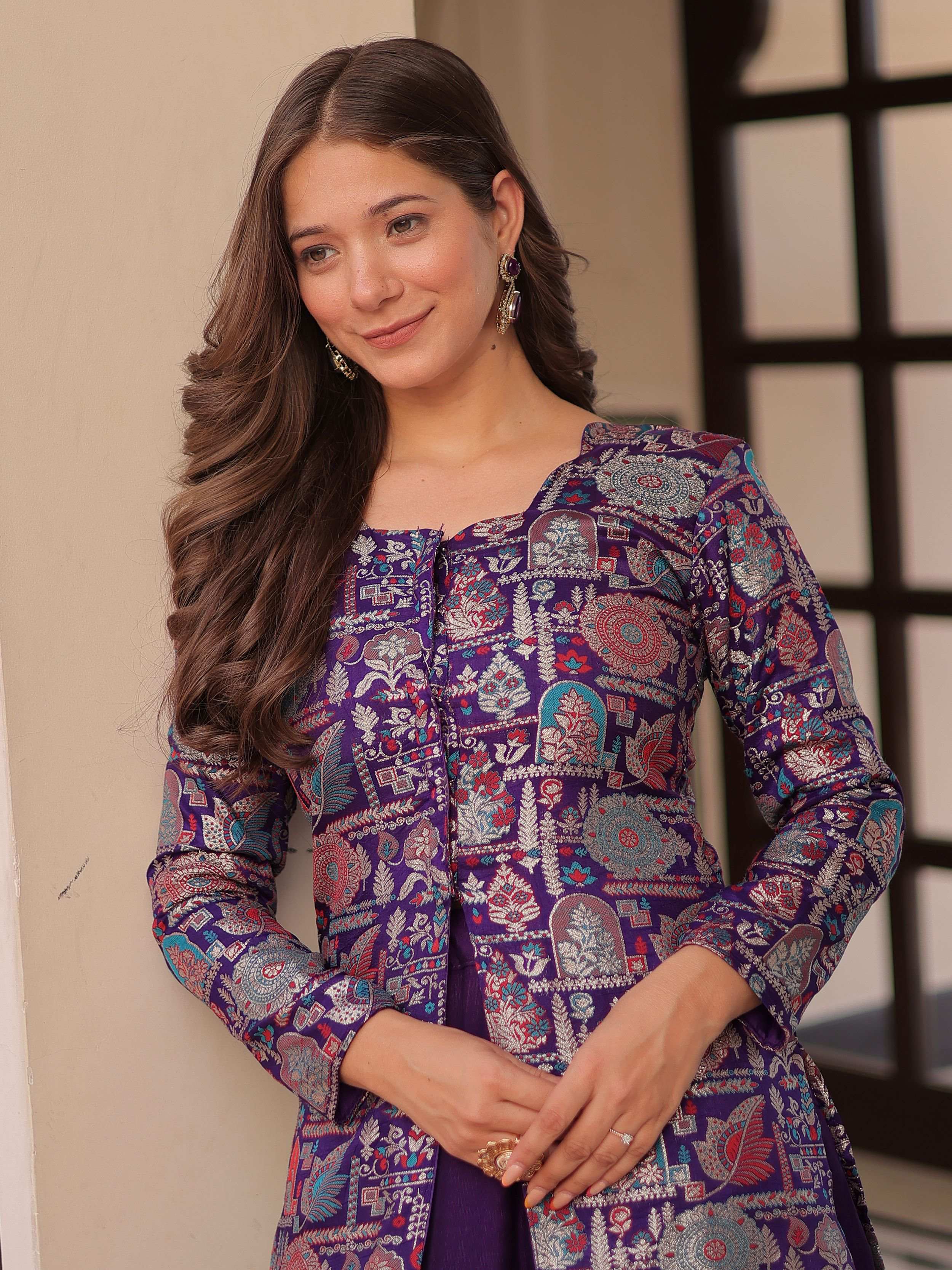 Purple vichitra silk kali pattern lehenga with jacquard jacket