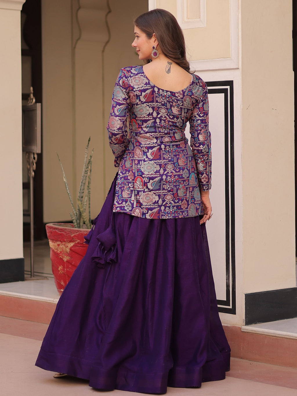 Purple vichitra silk kali pattern lehenga with jacquard jacket