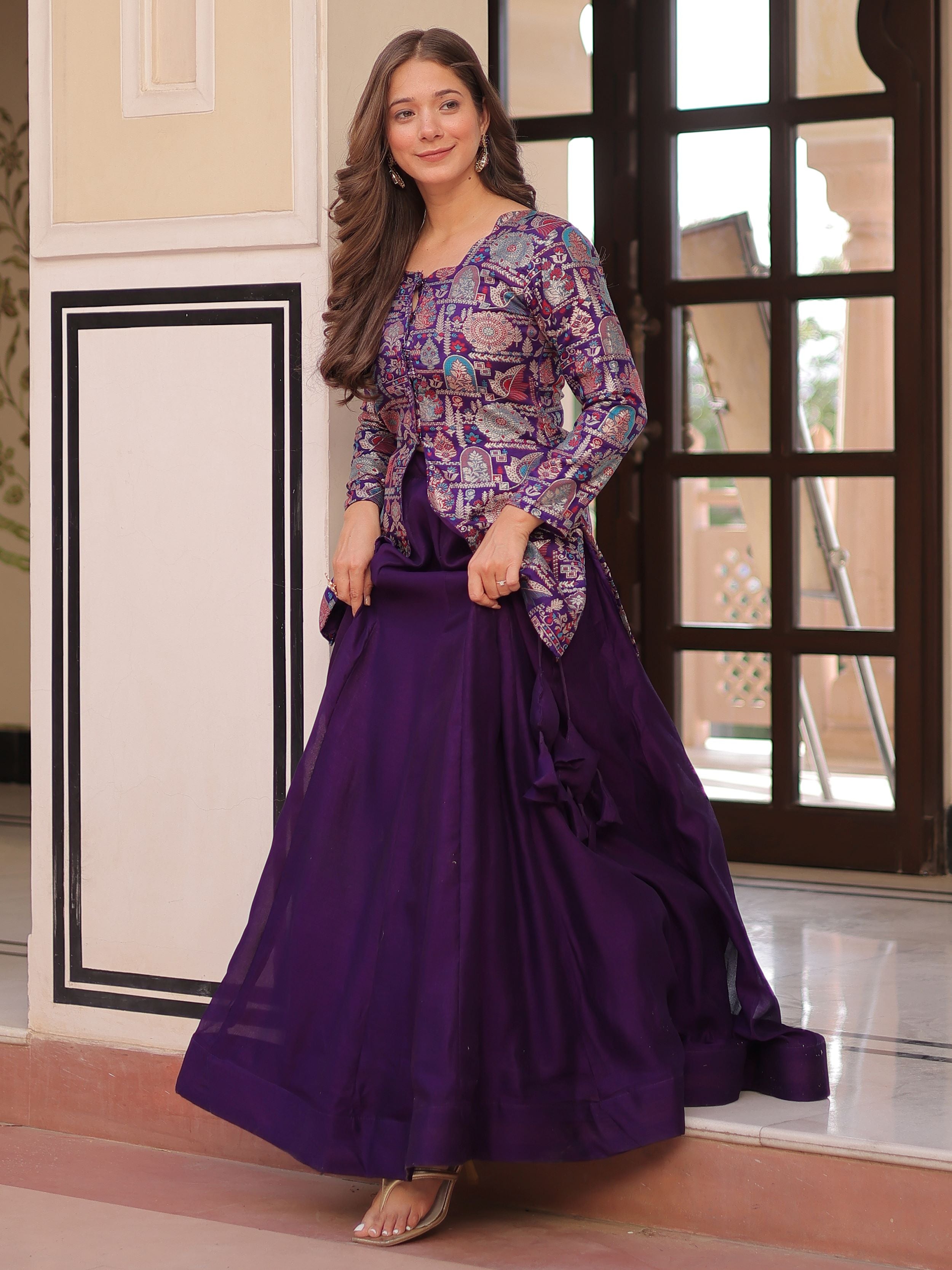 Purple vichitra silk kali pattern lehenga with jacquard jacket