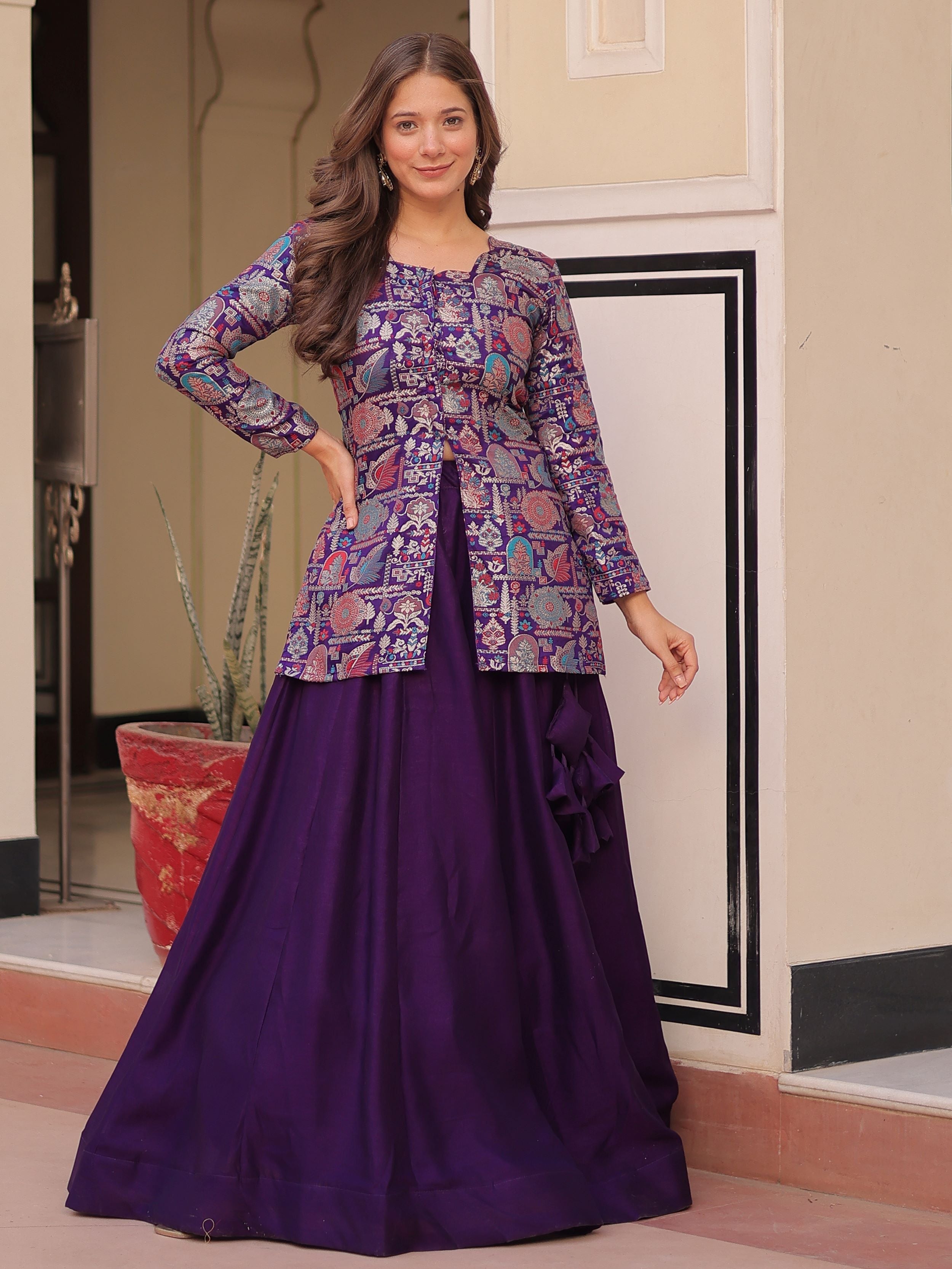 Purple vichitra silk kali pattern lehenga with jacquard jacket