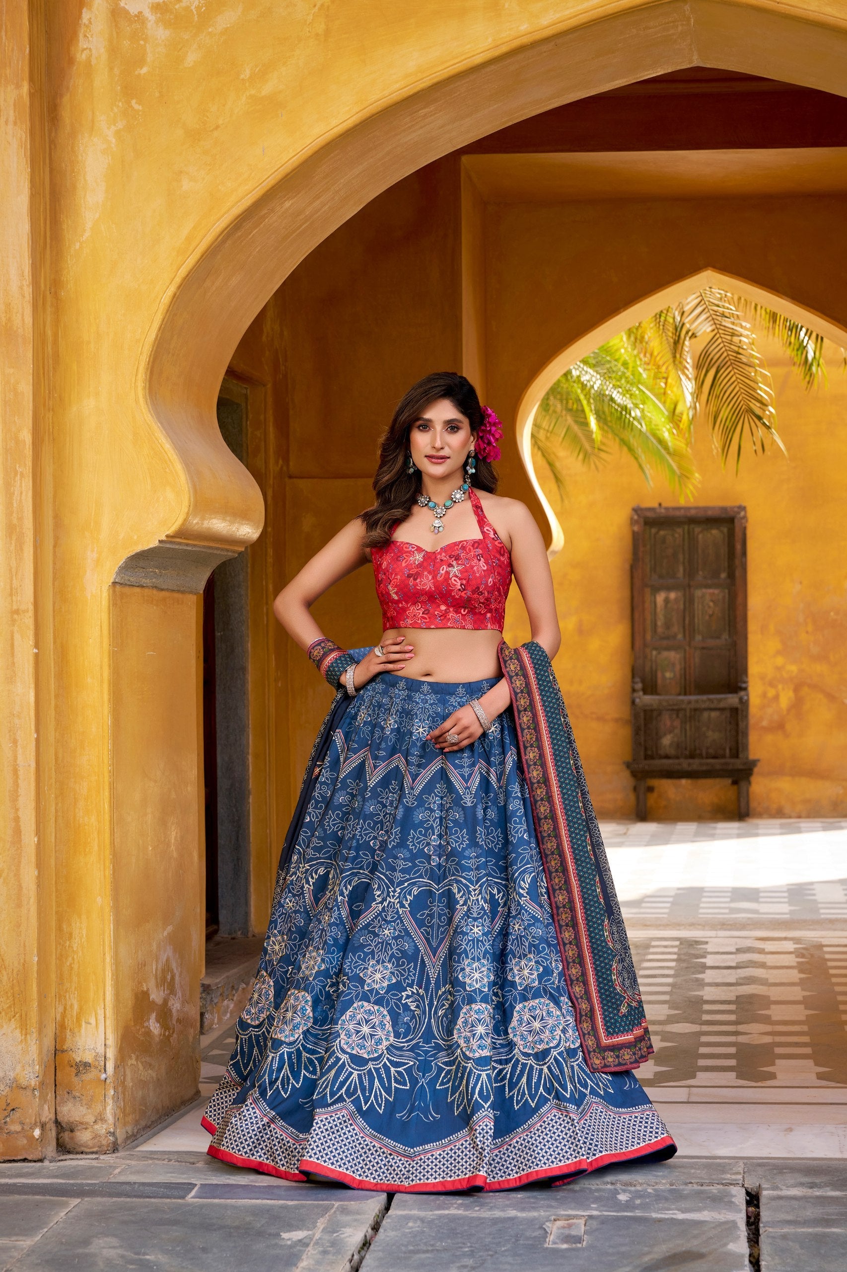Rajeshwari Blue Vaishali Silk Printed with Beads Work Lehenga Choli Set