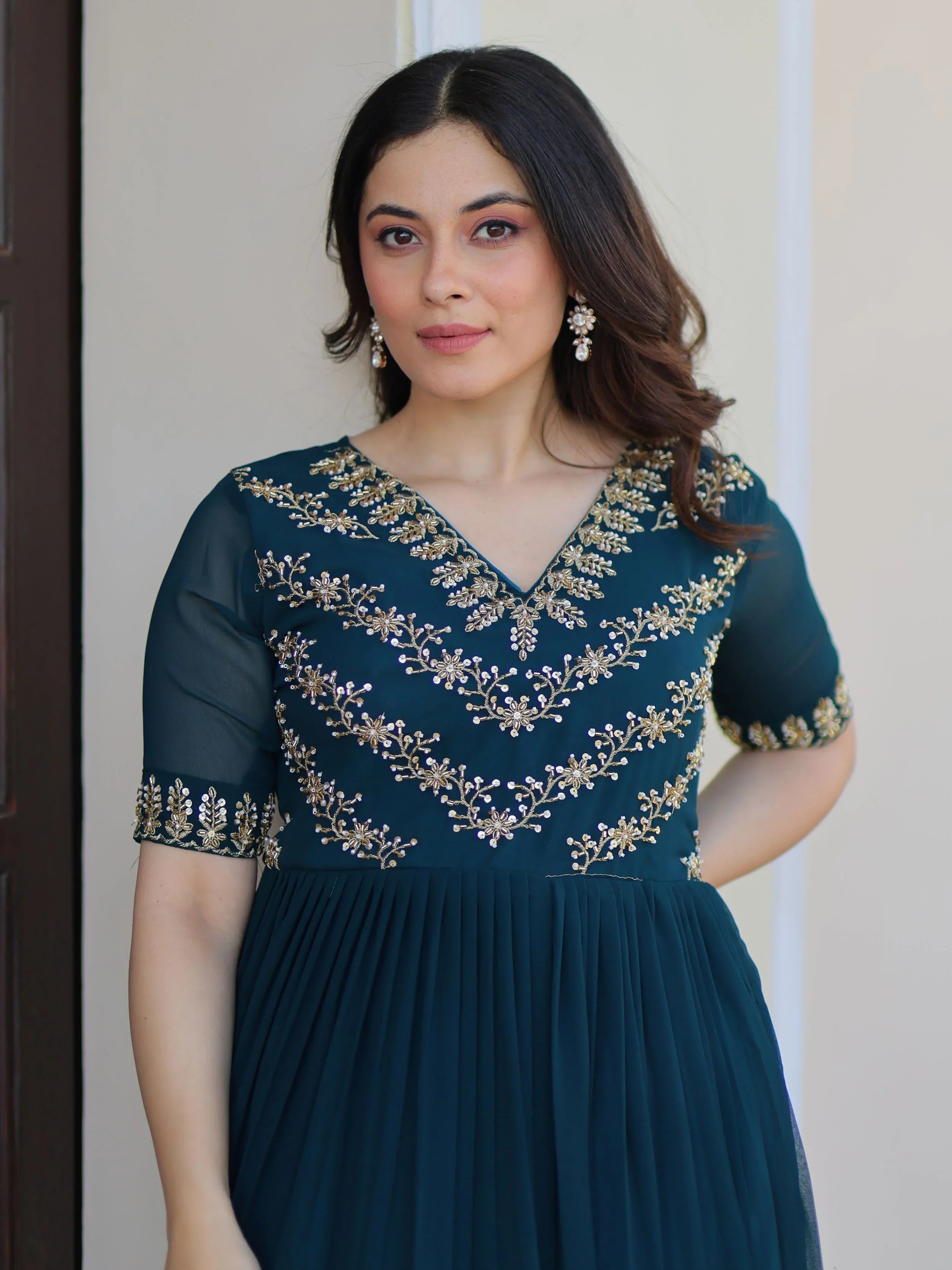 Rama blue sequins multithread beads embroidery designer gown