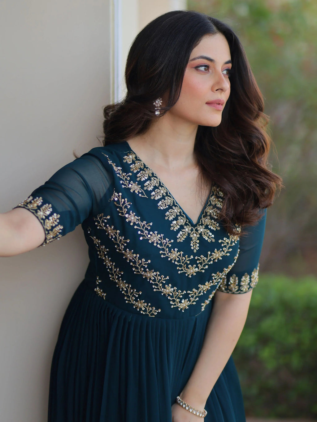 Rama blue sequins multithread beads embroidery designer gown