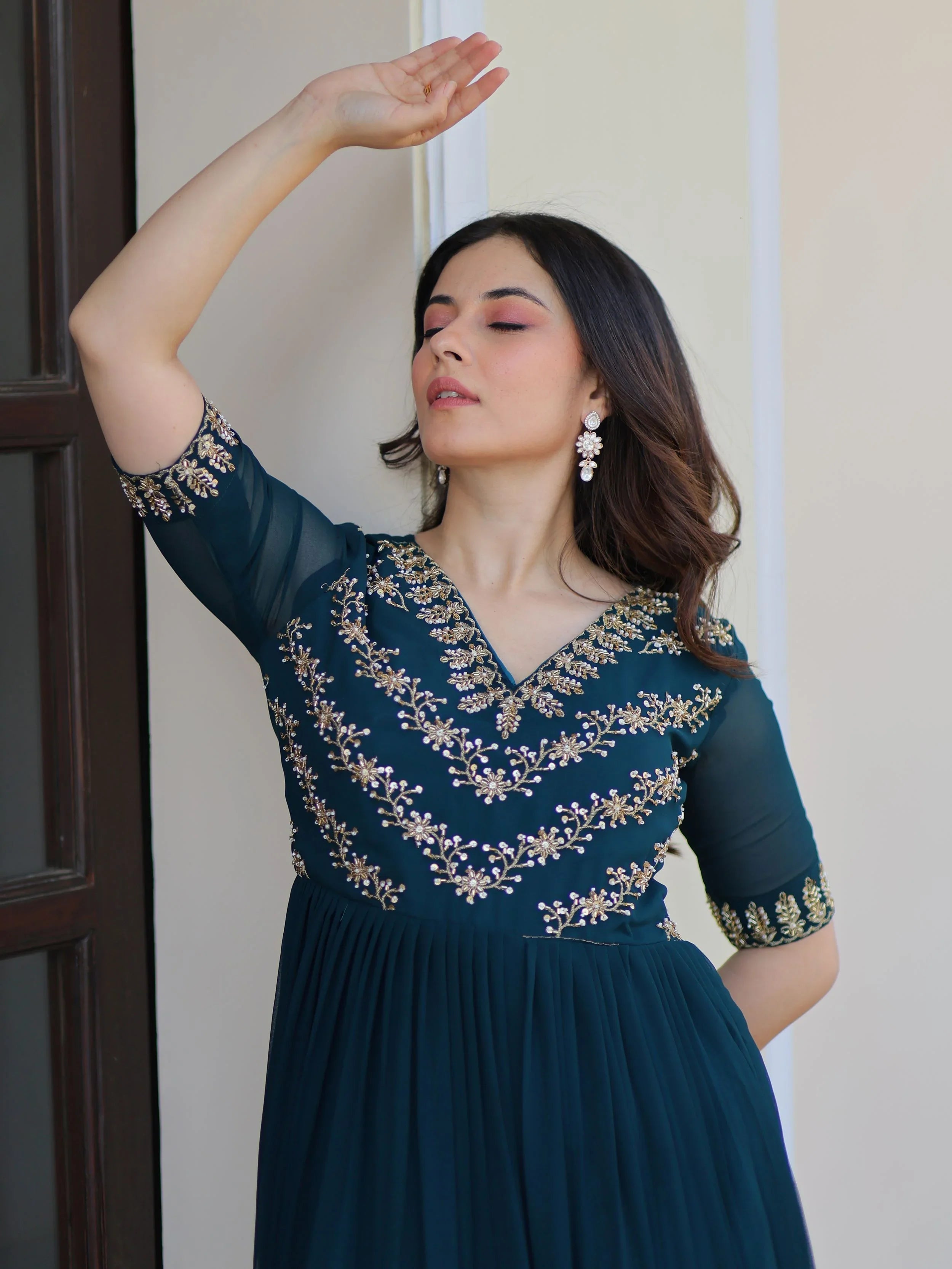 Rama blue sequins multithread beads embroidery designer gown