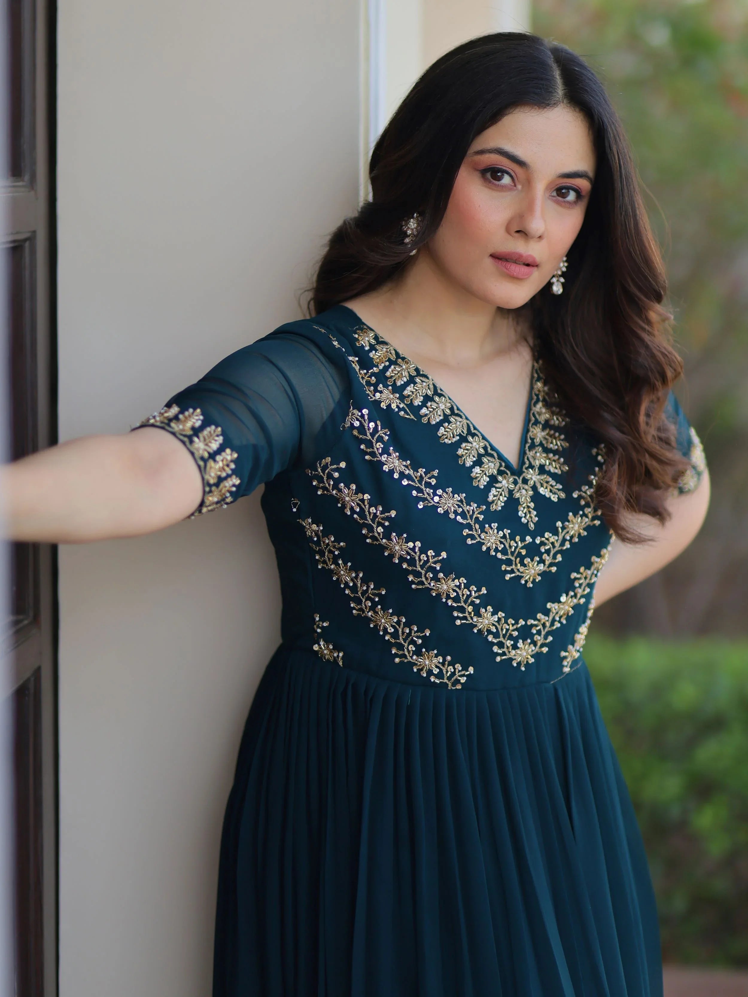 Rama blue sequins multithread beads embroidery designer gown