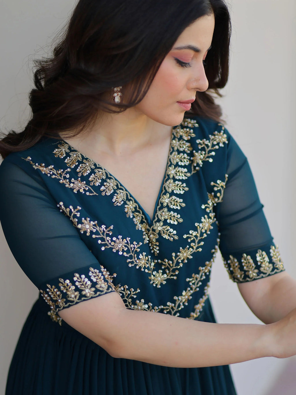 Rama blue sequins multithread beads embroidery designer gown
