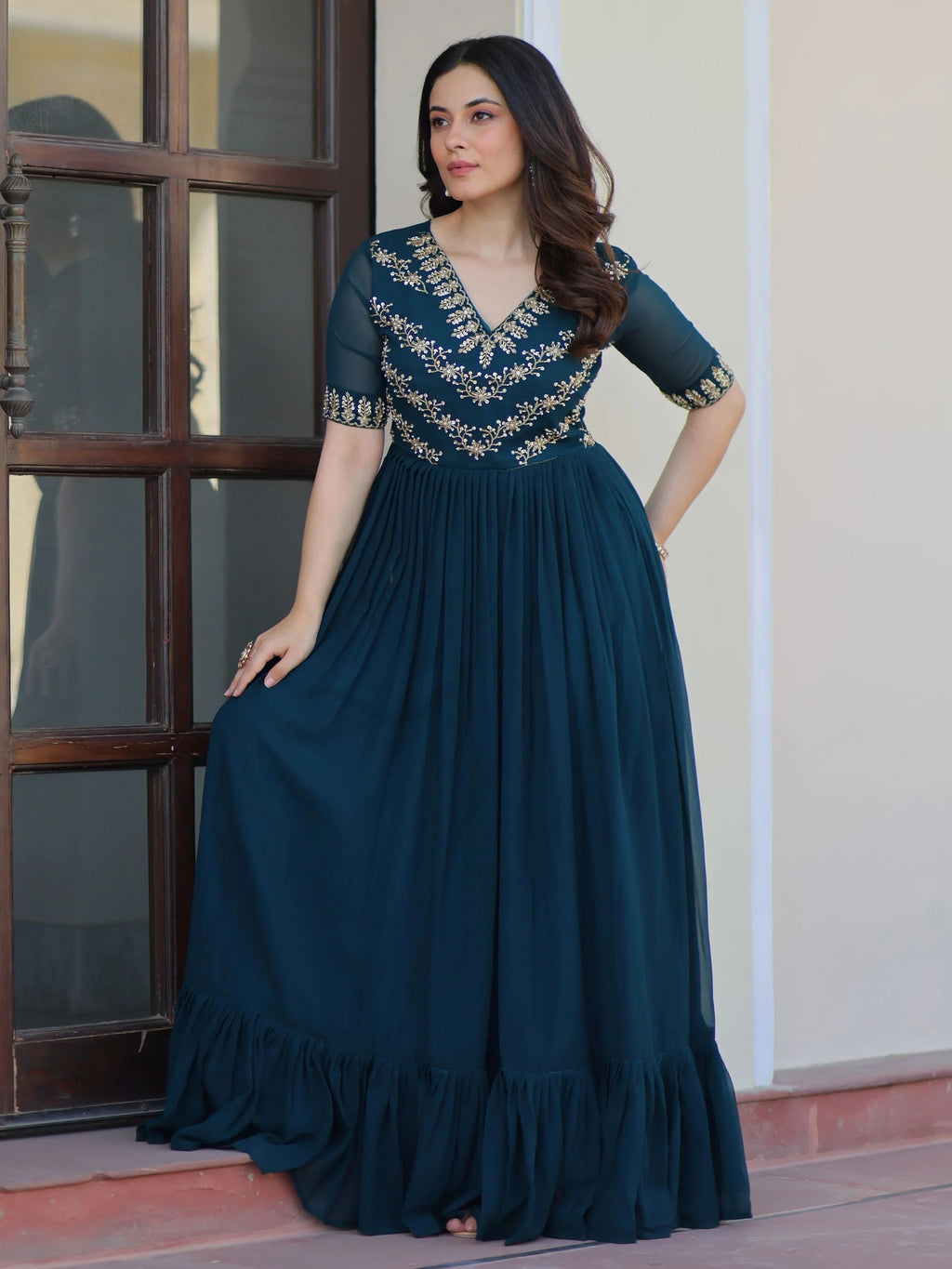Rama blue sequins multithread beads embroidery designer gown
