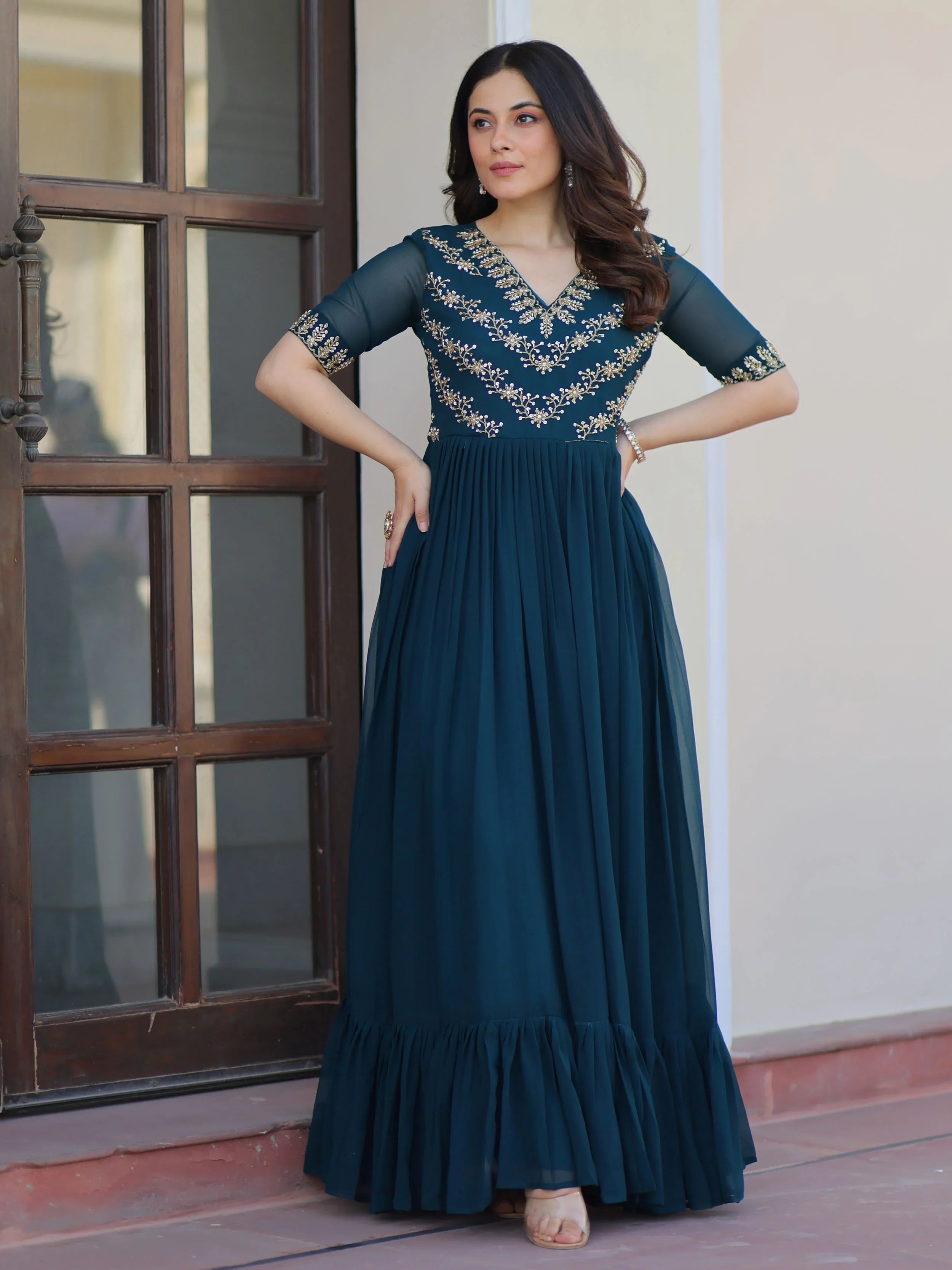 Rama blue sequins multithread beads embroidery designer gown
