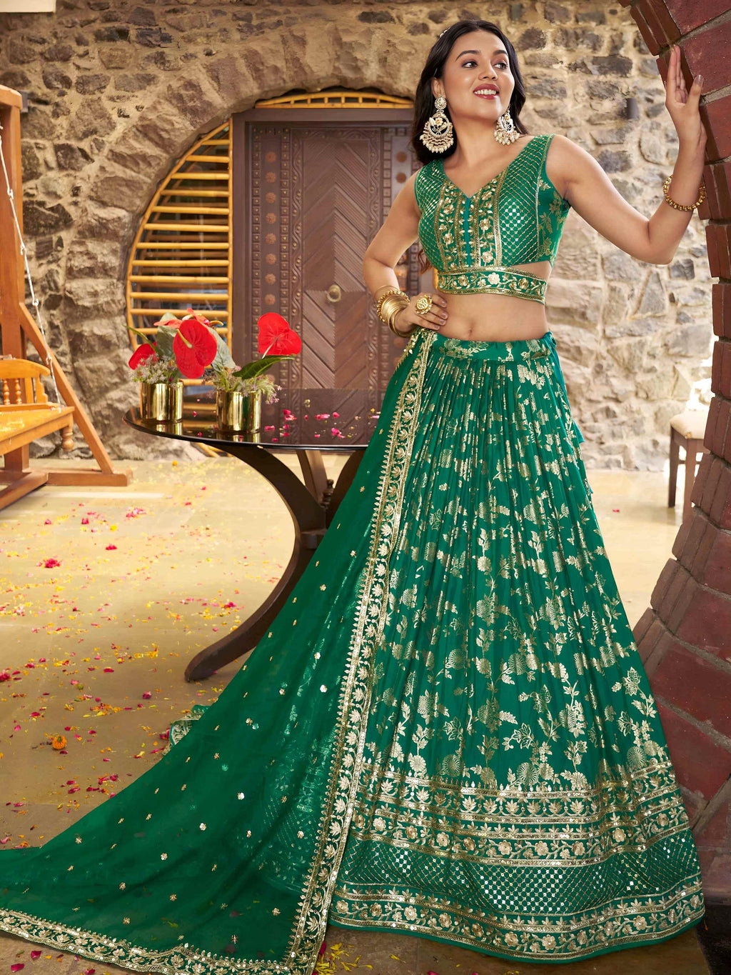 Rama green Dola silk jacquard embroidered lehenga choli with dupatta