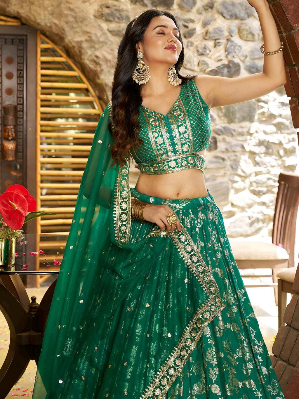 Rama green Dola silk jacquard embroidered lehenga choli with dupatta