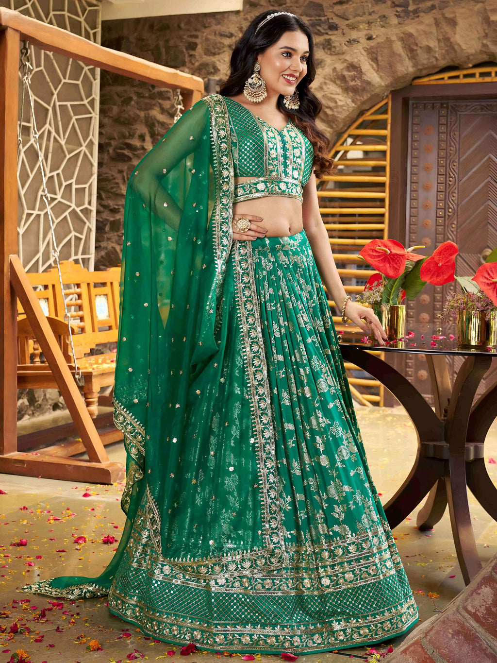 Rama green Dola silk jacquard embroidered lehenga choli with dupatta