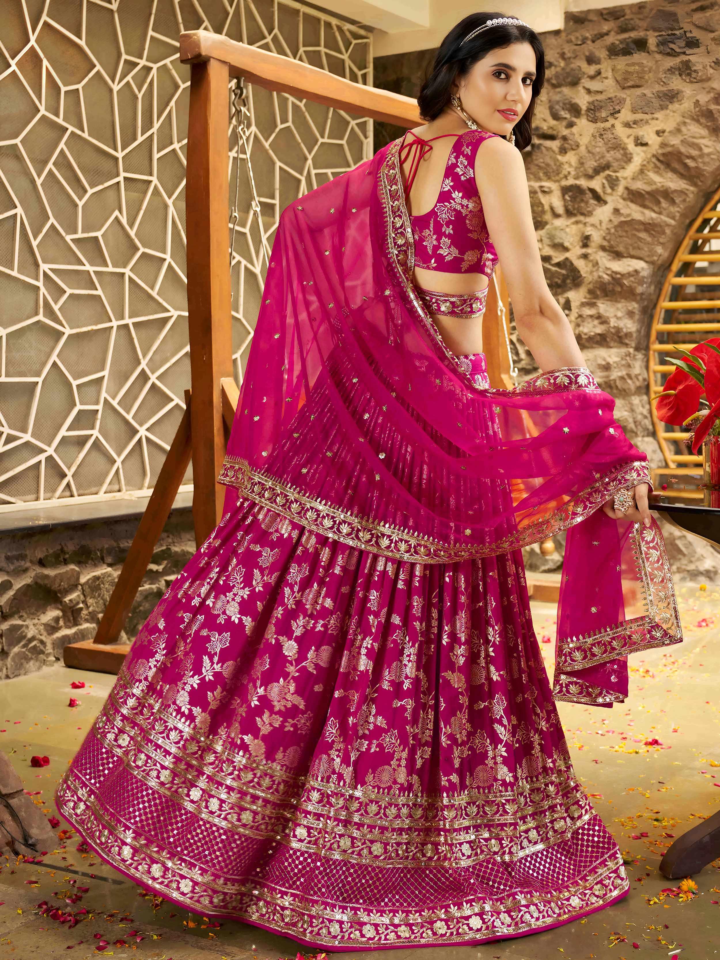 Rani pink Dola silk jacquard embroidered lehenga choli with dupatta