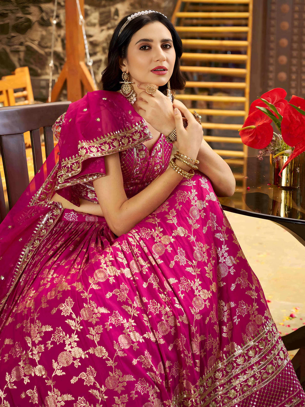 Rani pink Dola silk jacquard embroidered lehenga choli with dupatta