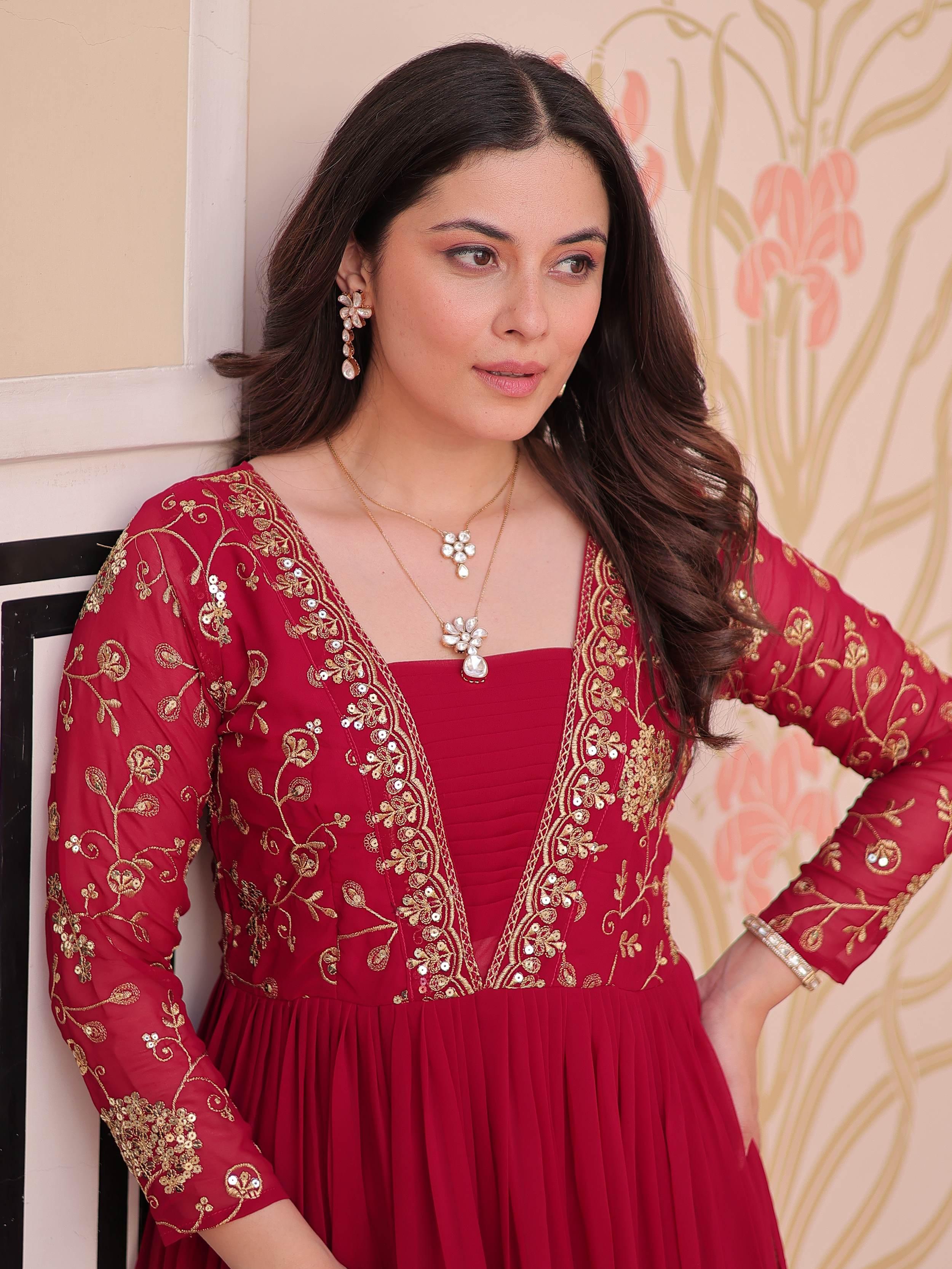 Rani pink faux blooming embroidered sequins zari work gown