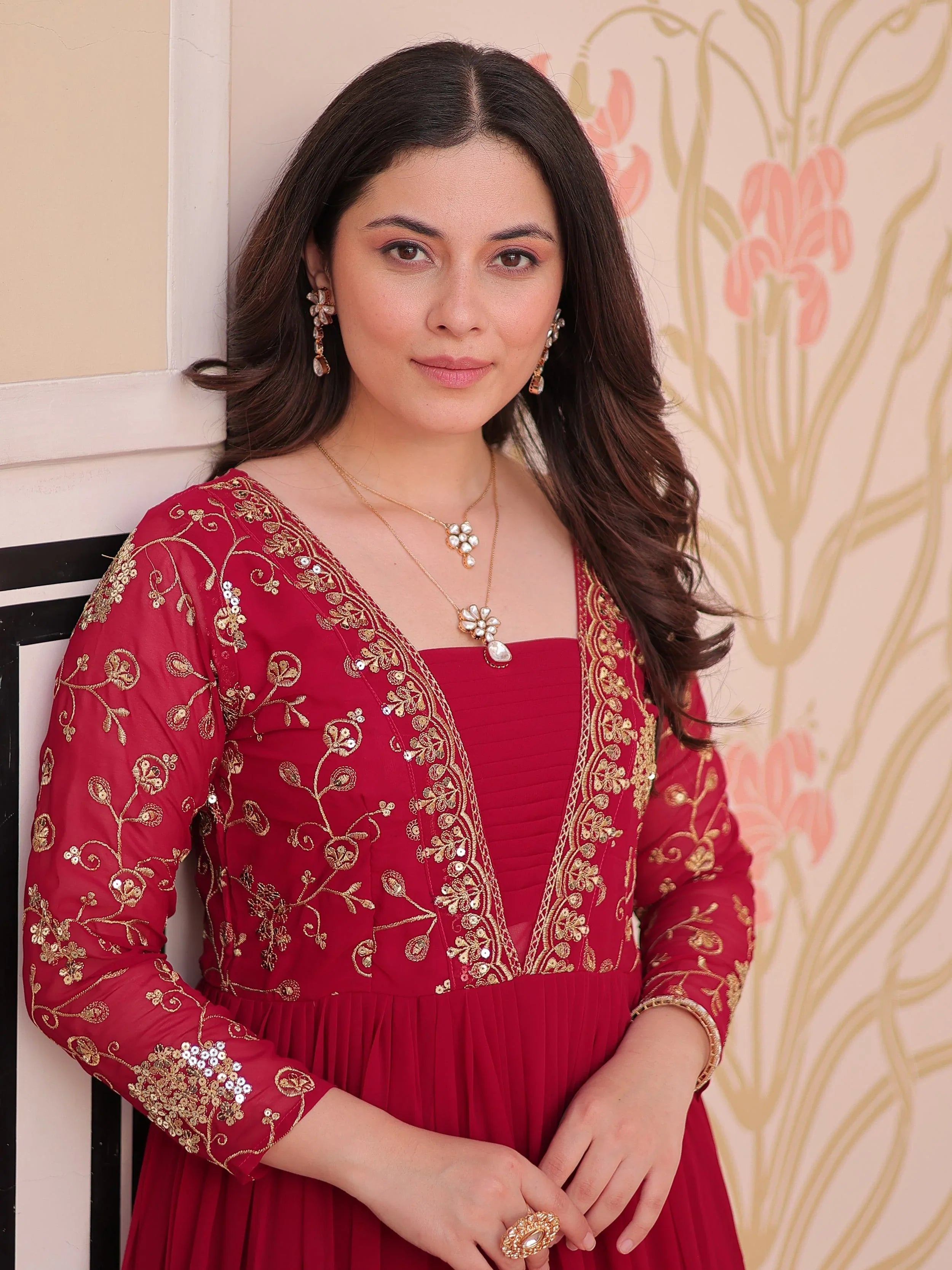 Rani pink faux blooming embroidered sequins zari work gown