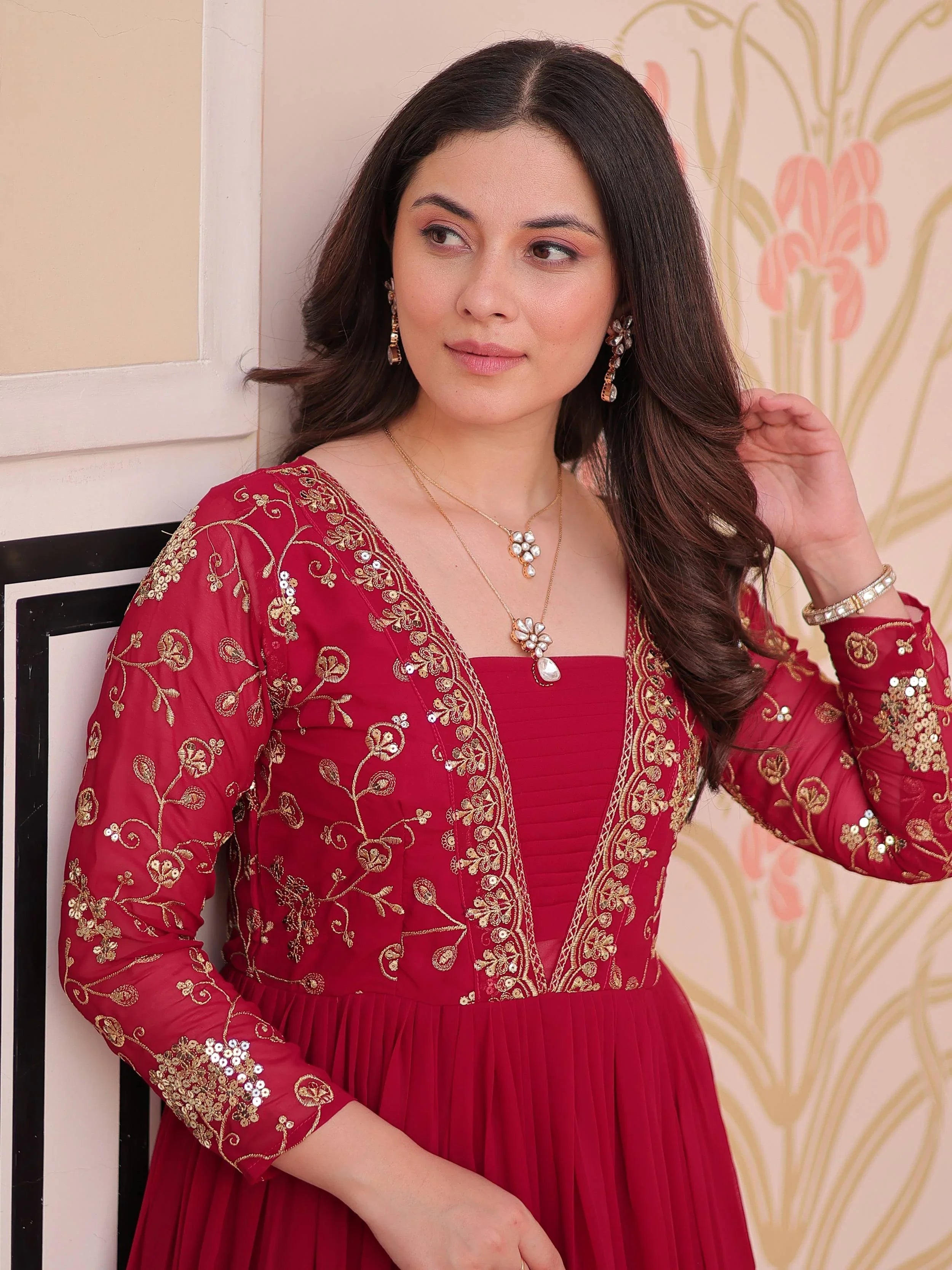 Rani pink faux blooming embroidered sequins zari work gown