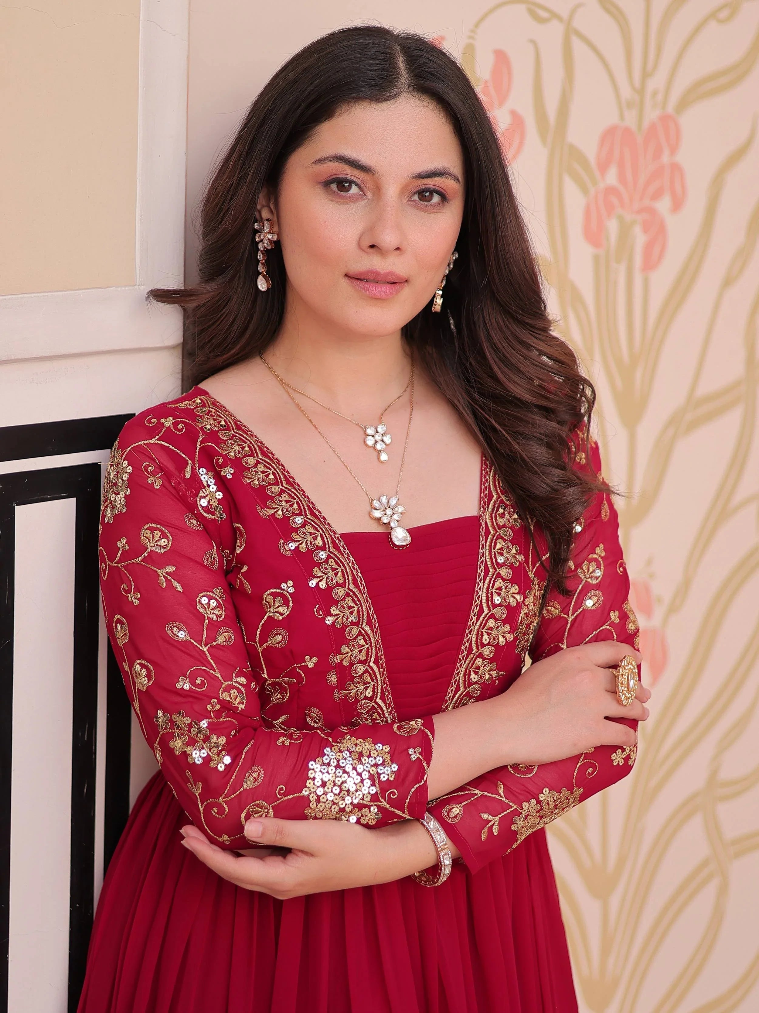 Rani pink faux blooming embroidered sequins zari work gown