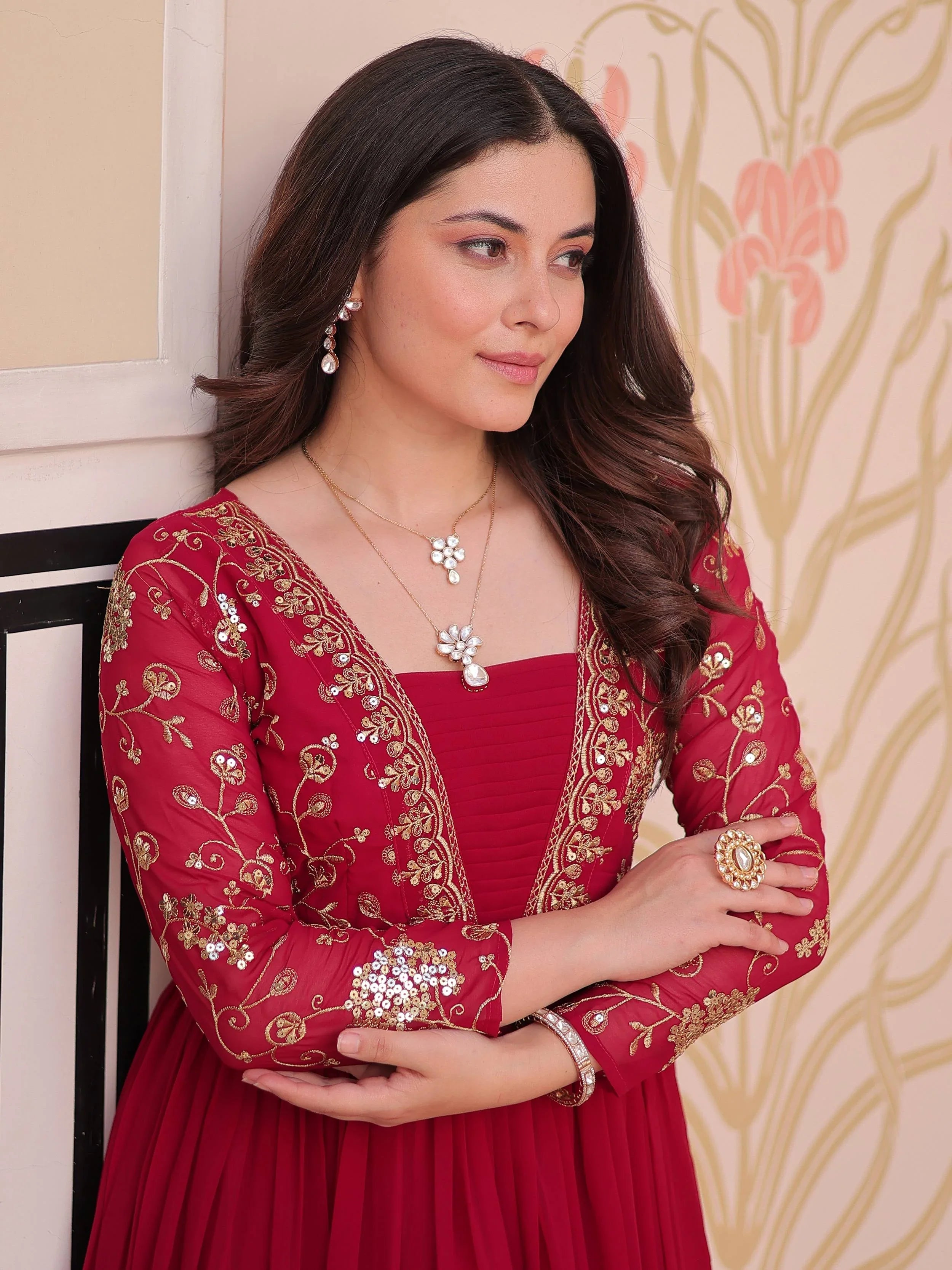 Rani pink faux blooming embroidered sequins zari work gown