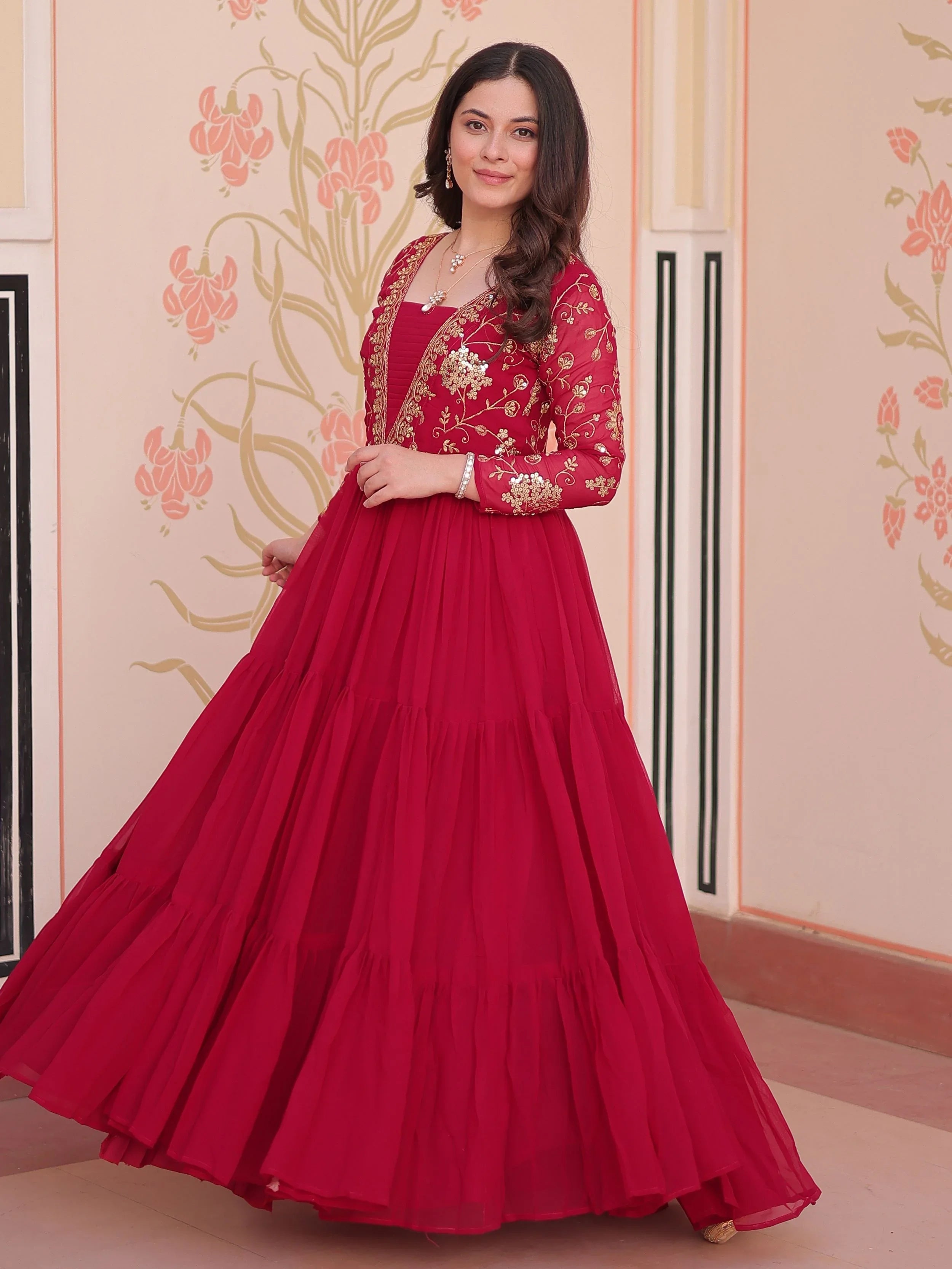 Rani pink faux blooming embroidered sequins zari work gown