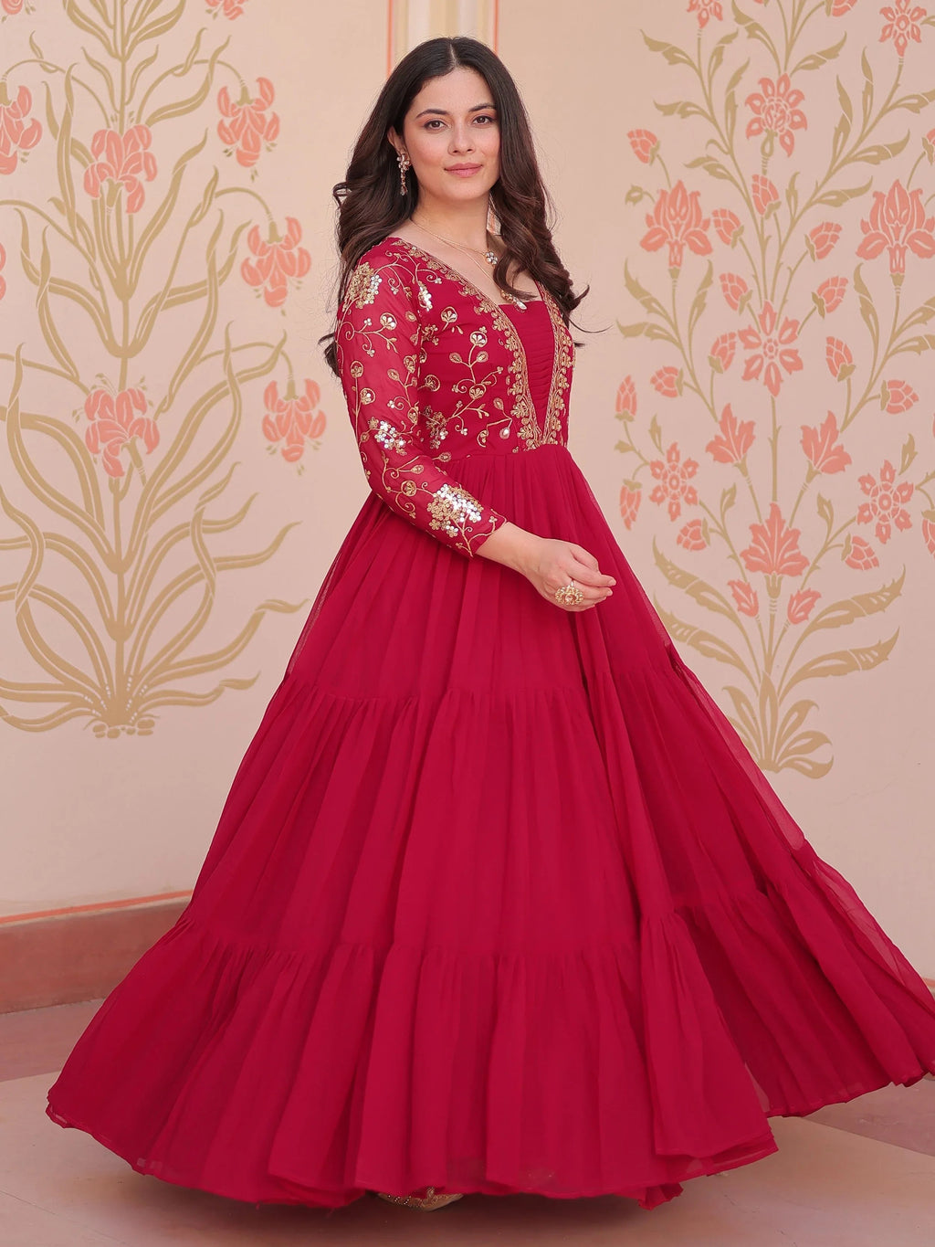 Rani pink faux blooming embroidered sequins zari work gown