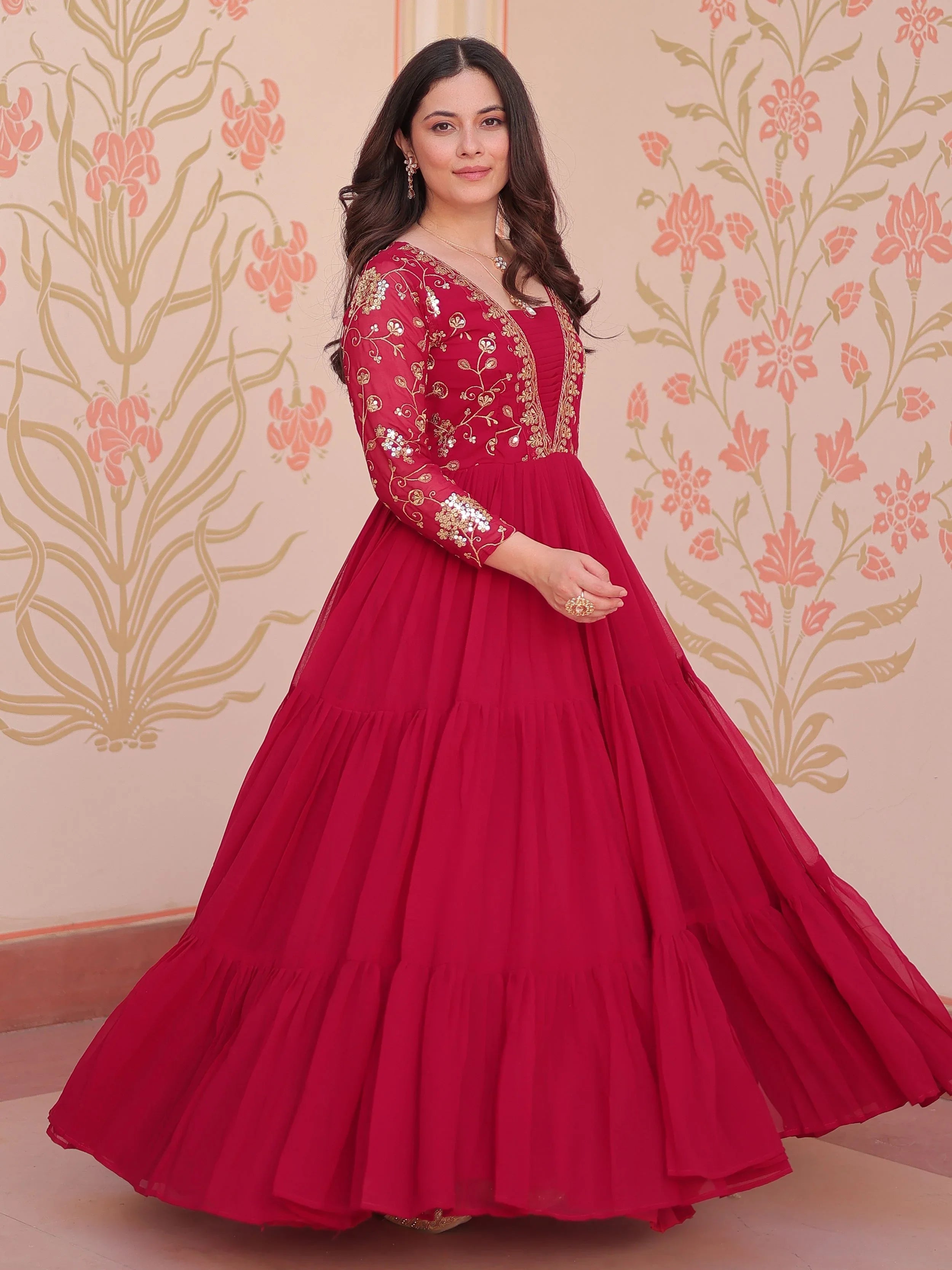 Rani pink faux blooming embroidered sequins zari work gown