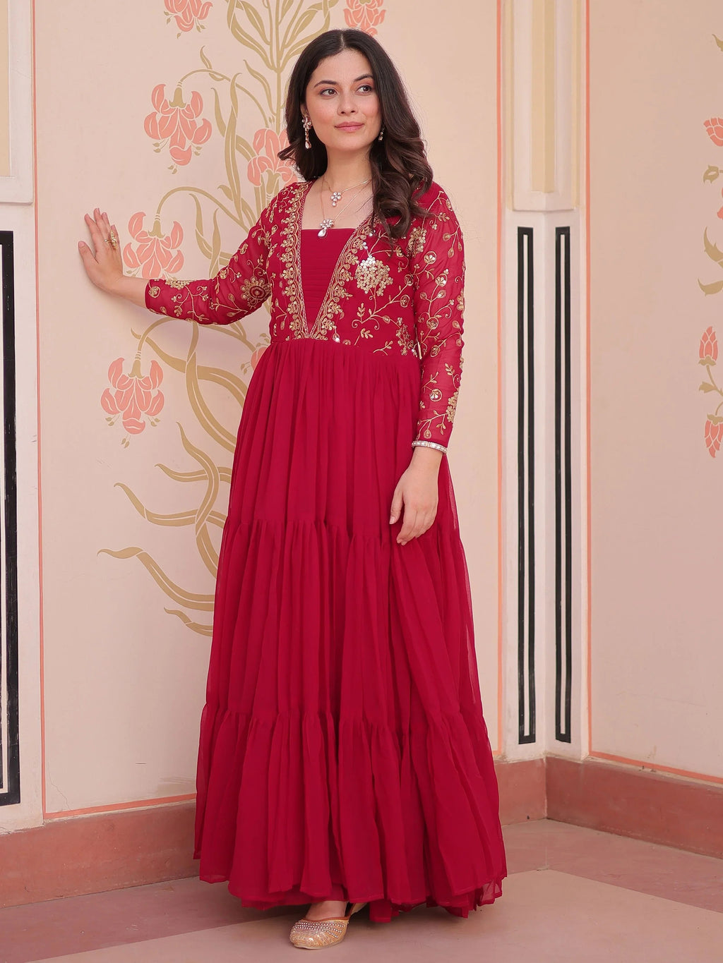 Rani pink faux blooming embroidered sequins zari work gown