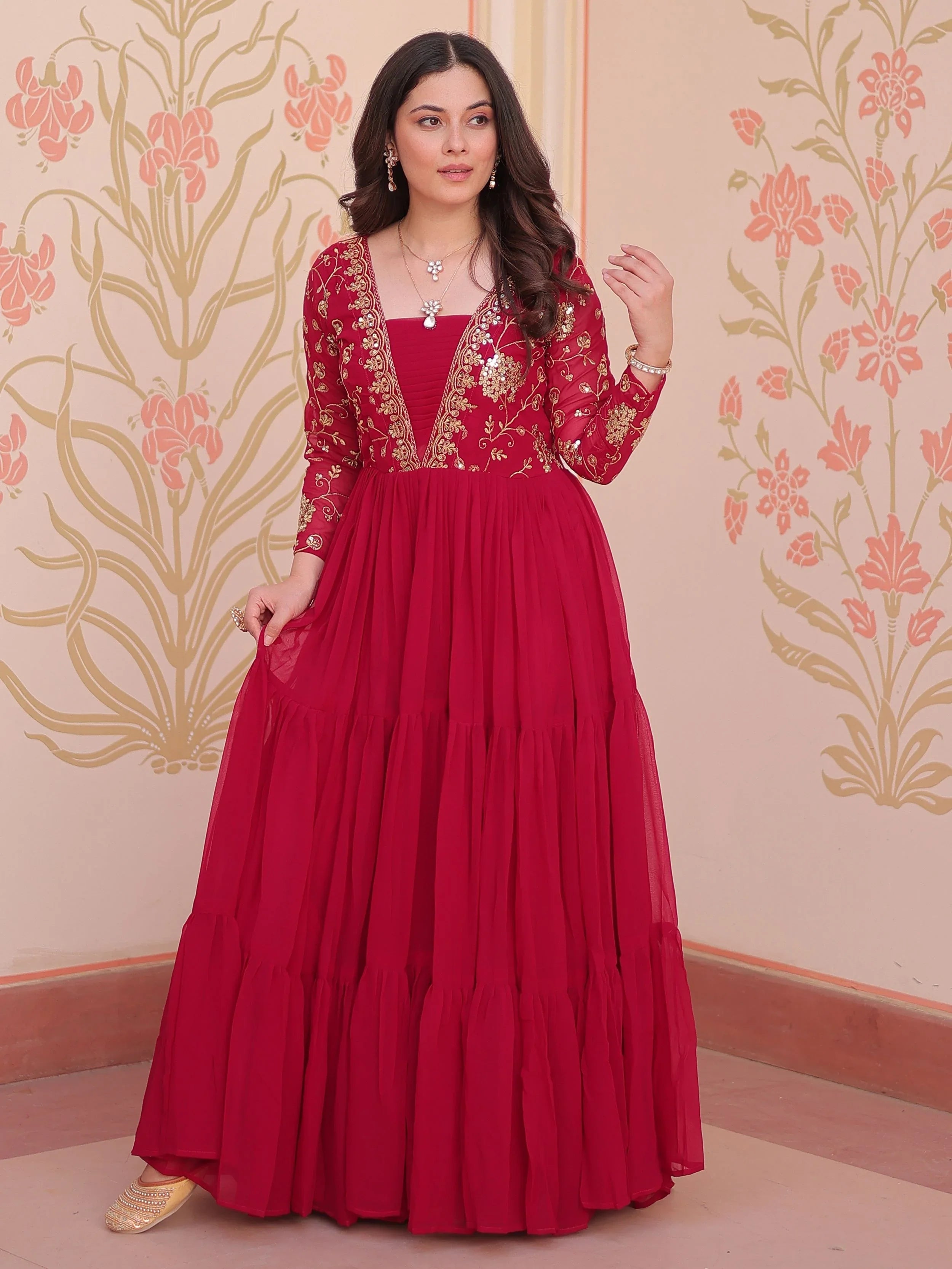 Rani pink faux blooming embroidered sequins zari work gown