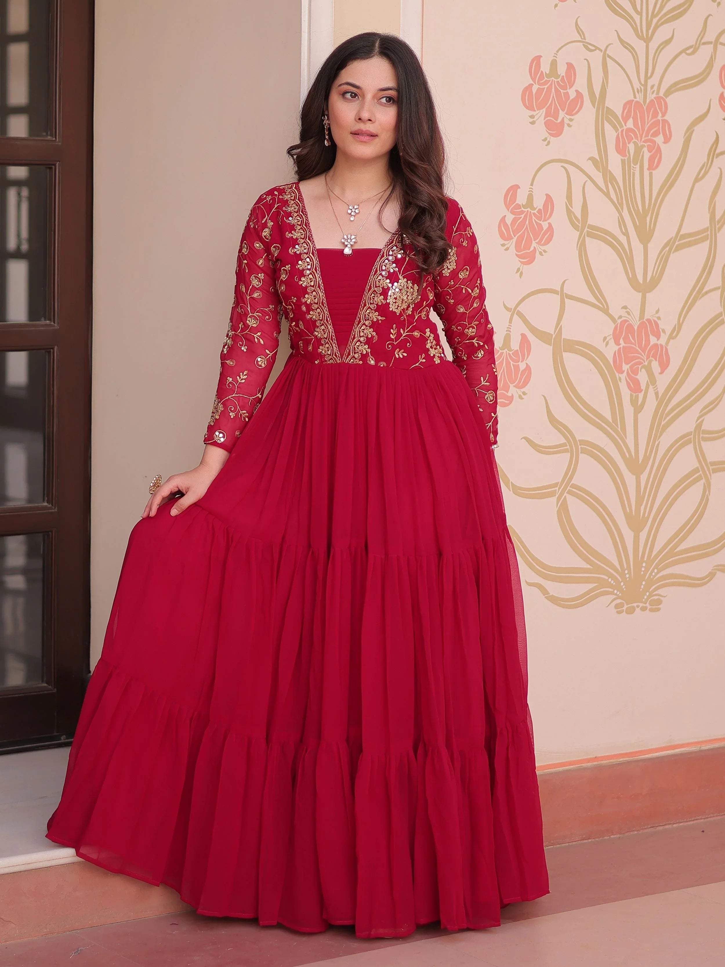 Rani pink faux blooming embroidered sequins zari work gown