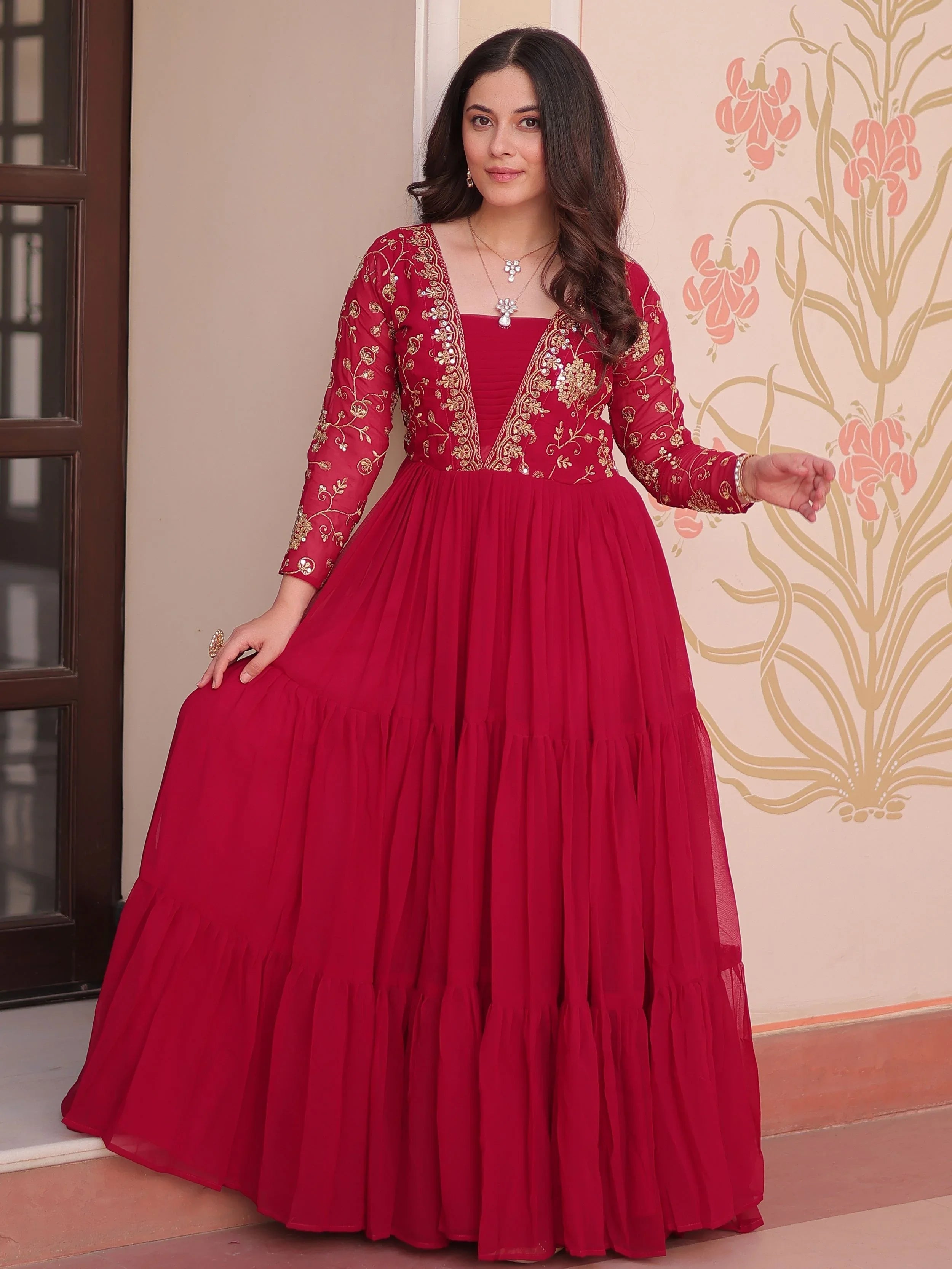 Rani pink faux blooming embroidered sequins zari work gown