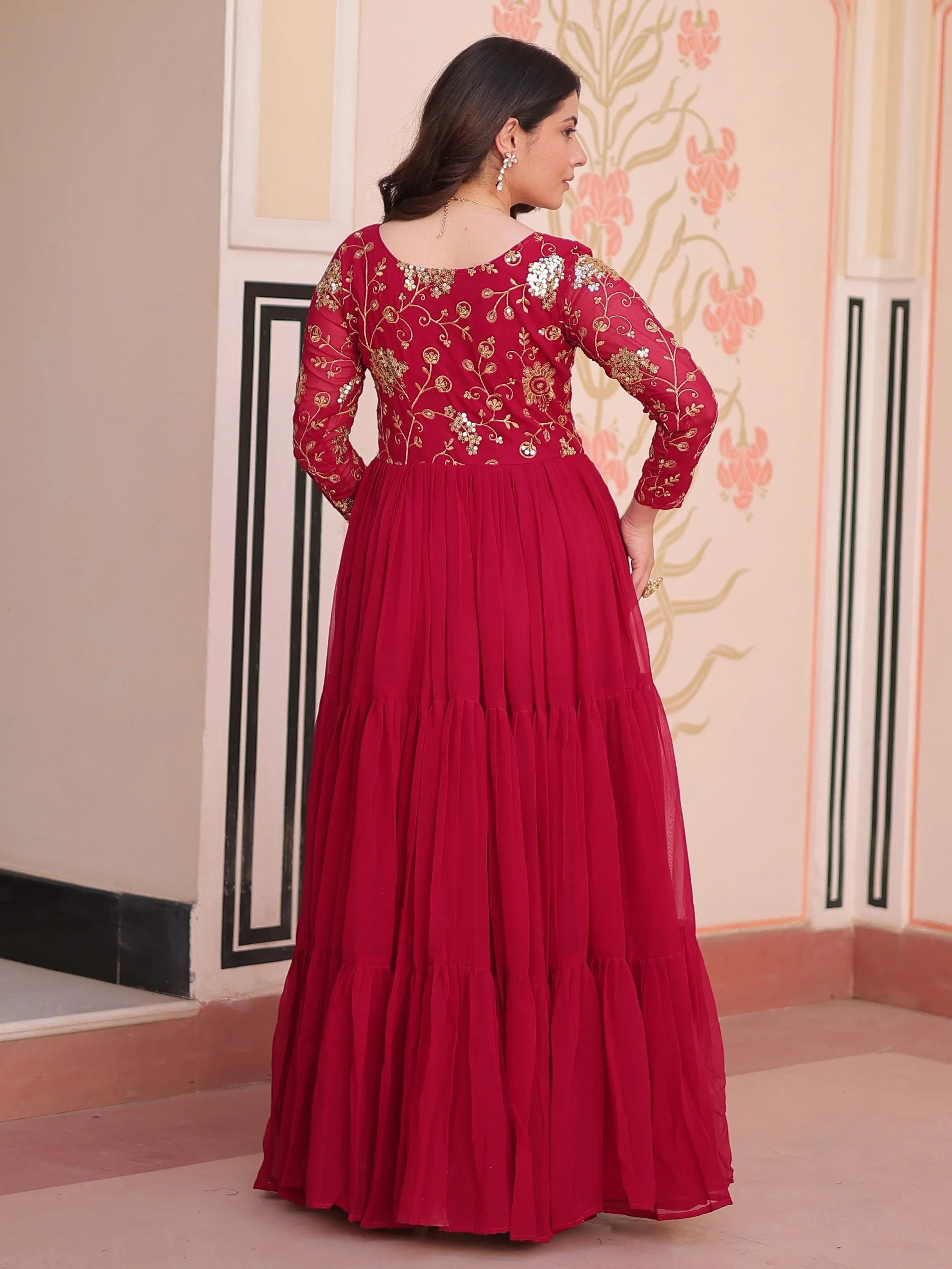 Rani pink faux blooming embroidered sequins zari work gown