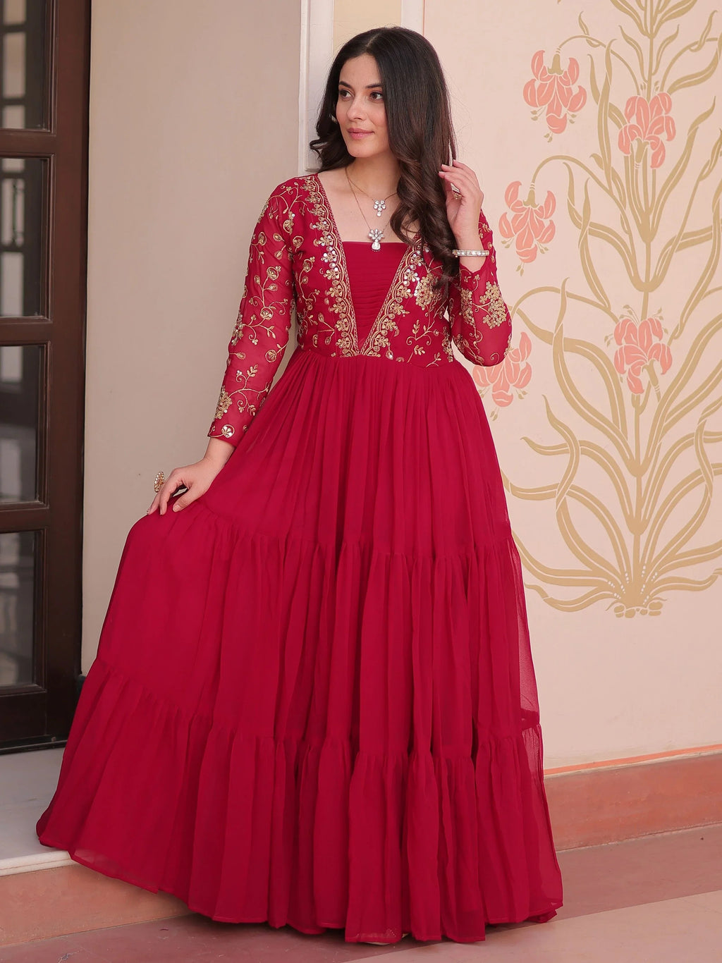 Rani pink faux blooming embroidered sequins zari work gown