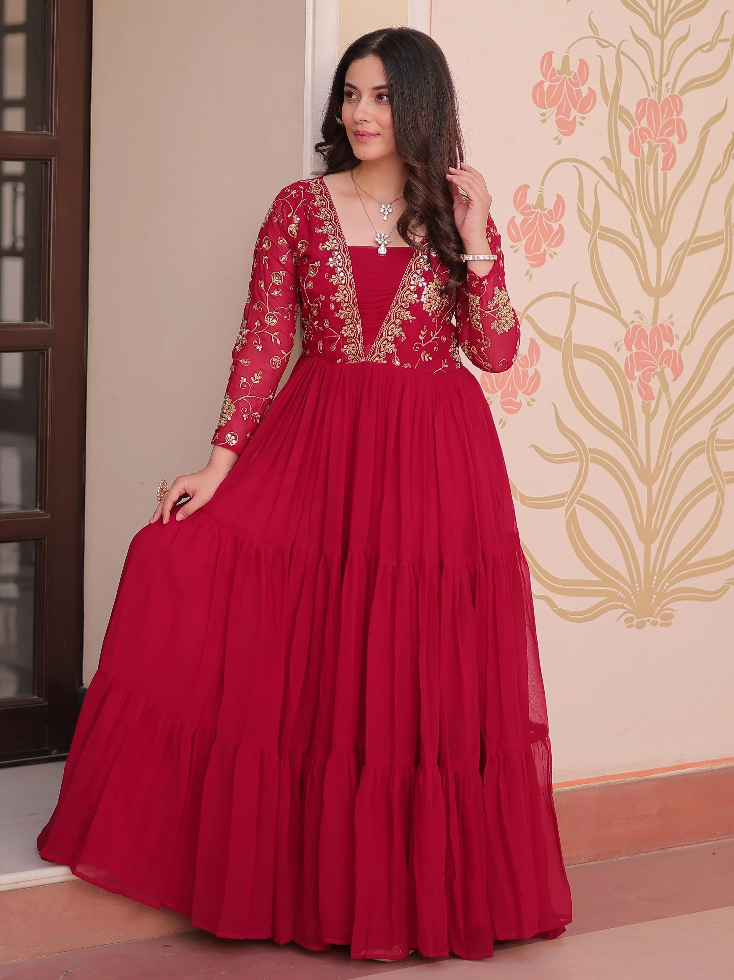 Rani pink faux blooming embroidered sequins zari work gown