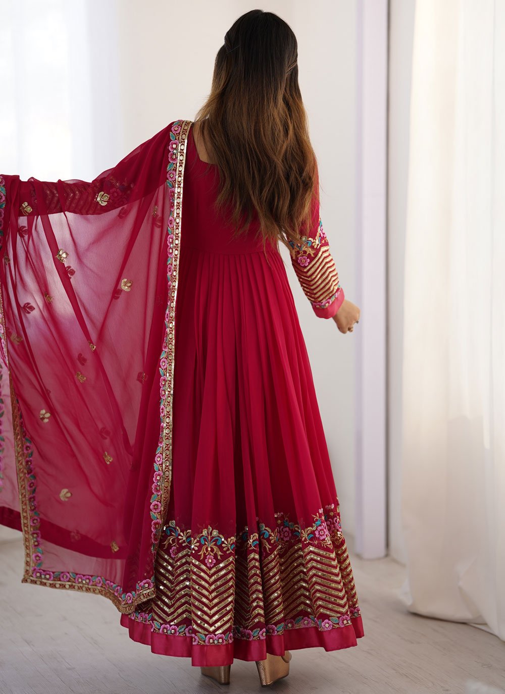 Rani pink georgette embroidered Anarkali suit with dupatta and bottom