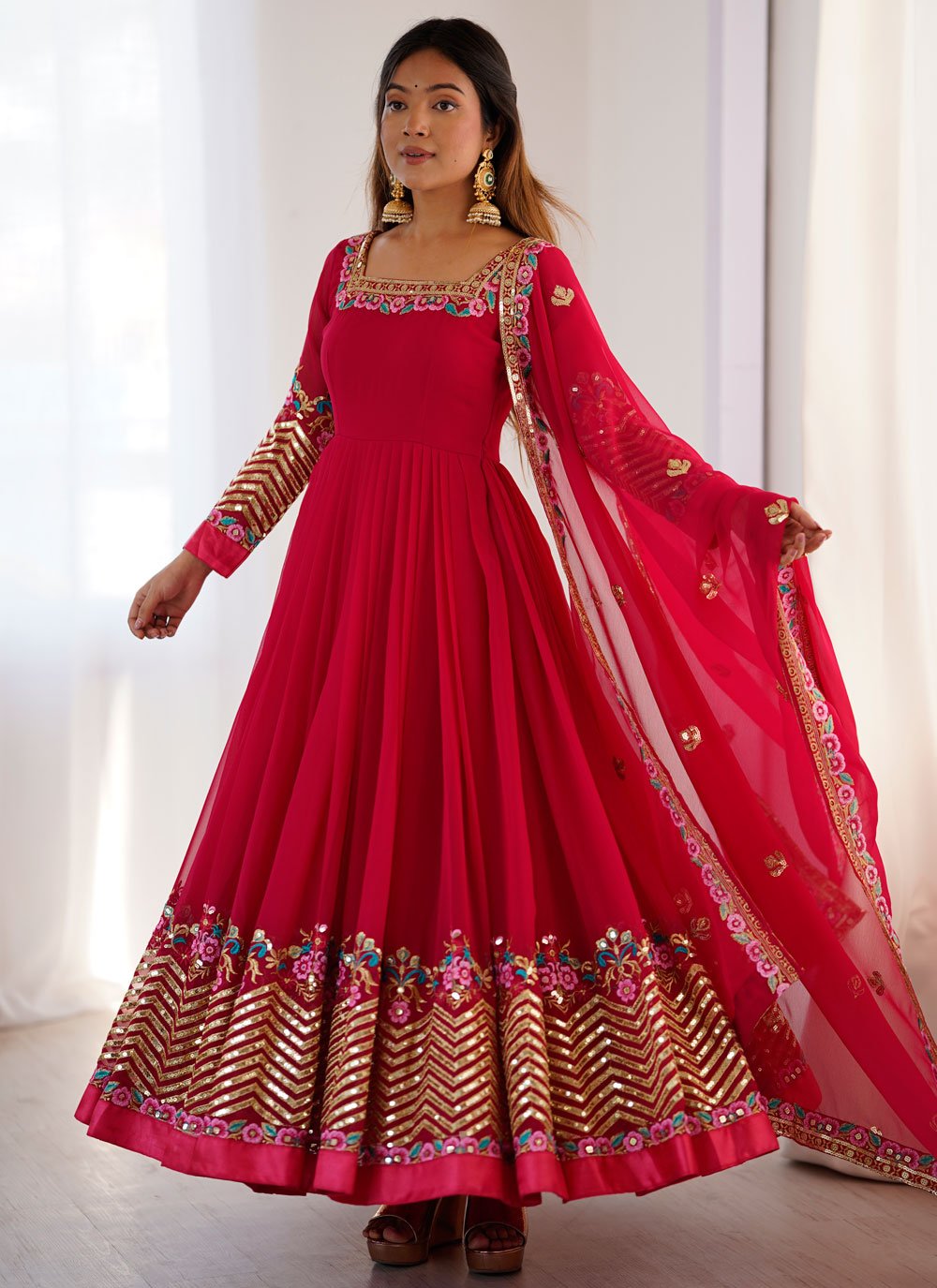 Rani pink georgette embroidered Anarkali suit with dupatta and bottom