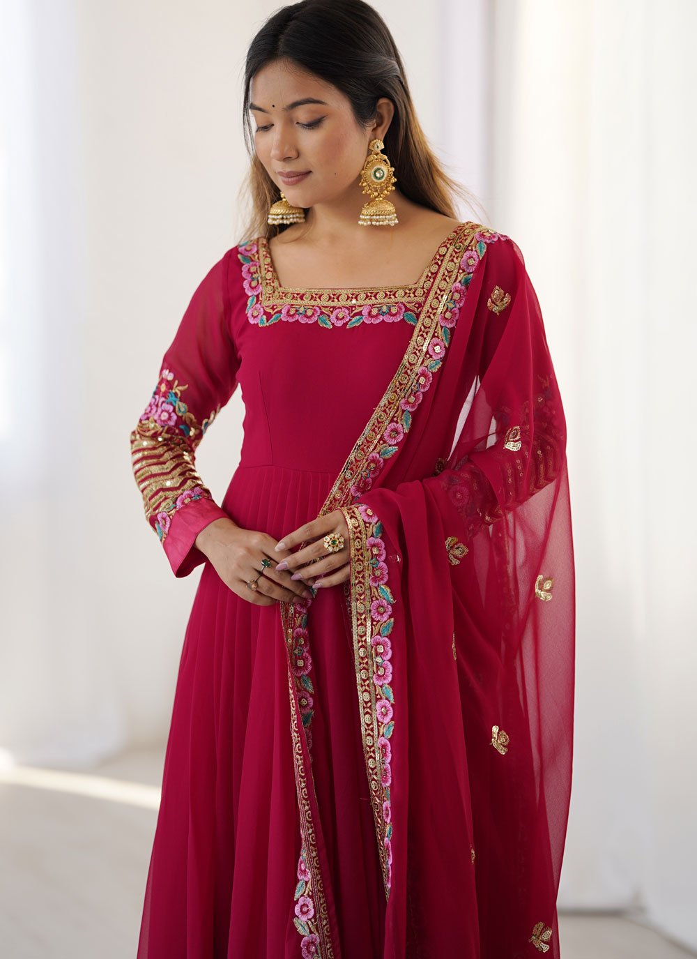 Rani pink georgette embroidered Anarkali suit with dupatta and bottom
