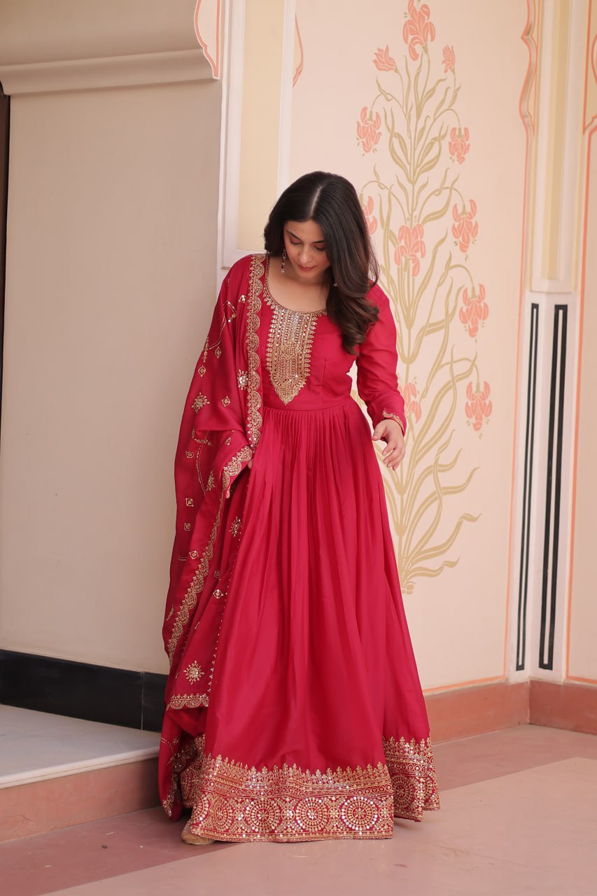 Rani pink star georgette zari sequins embroidered gown with dupatta
