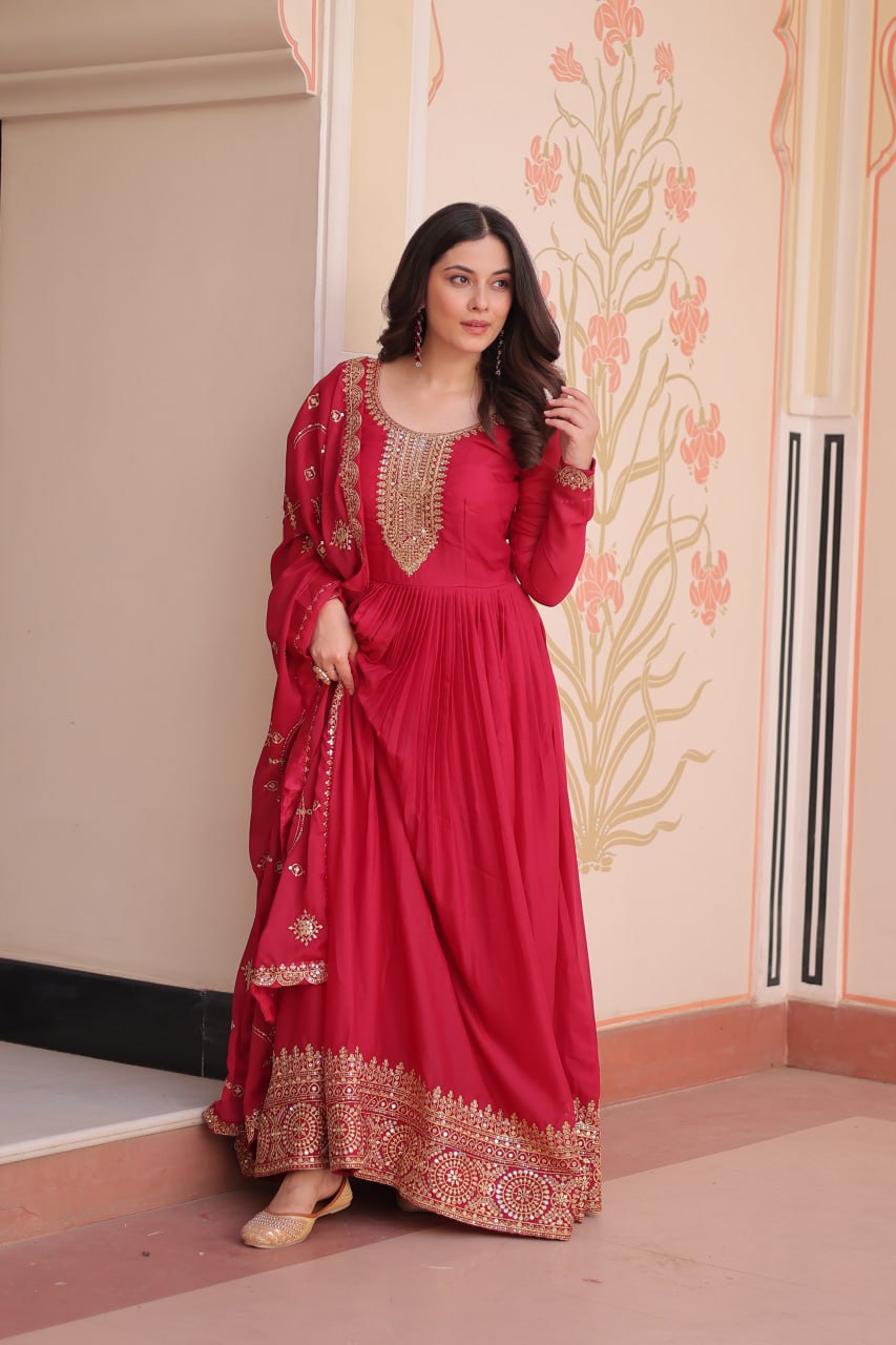 Rani pink star georgette zari sequins embroidered gown with dupatta