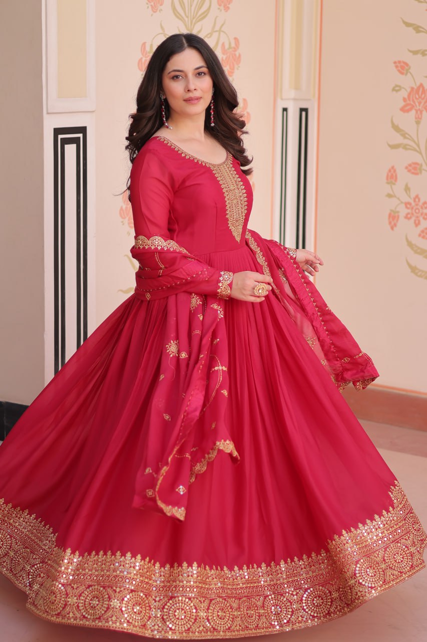 Rani pink star georgette zari sequins embroidered gown with dupatta
