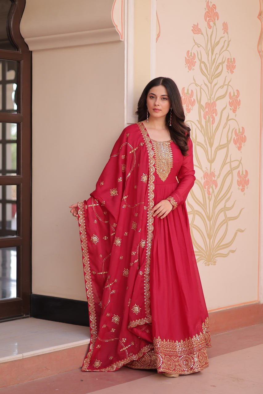 Rani pink star georgette zari sequins embroidered gown with dupatta