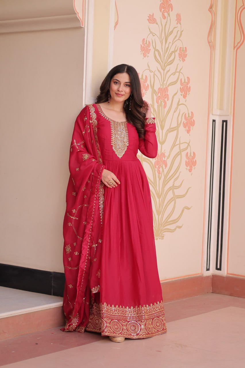 Rani pink star georgette zari sequins embroidered gown with dupatta