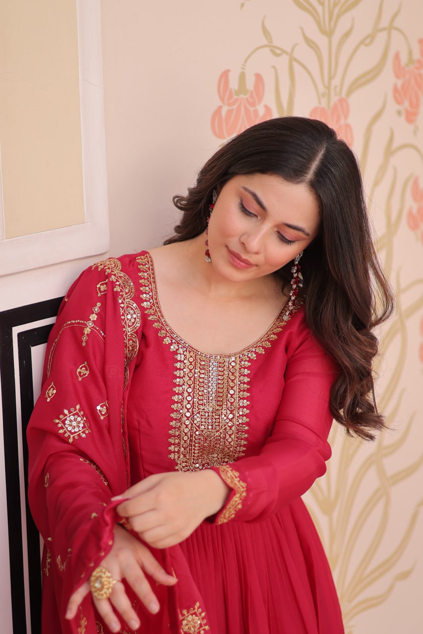 Rani pink star georgette zari sequins embroidered gown with dupatta
