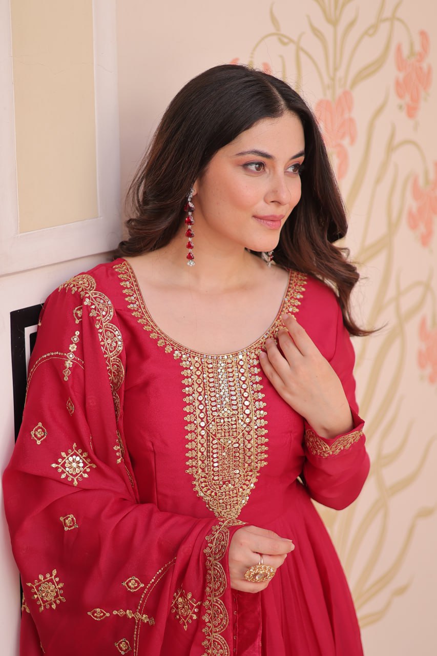 Rani pink star georgette zari sequins embroidered gown with dupatta
